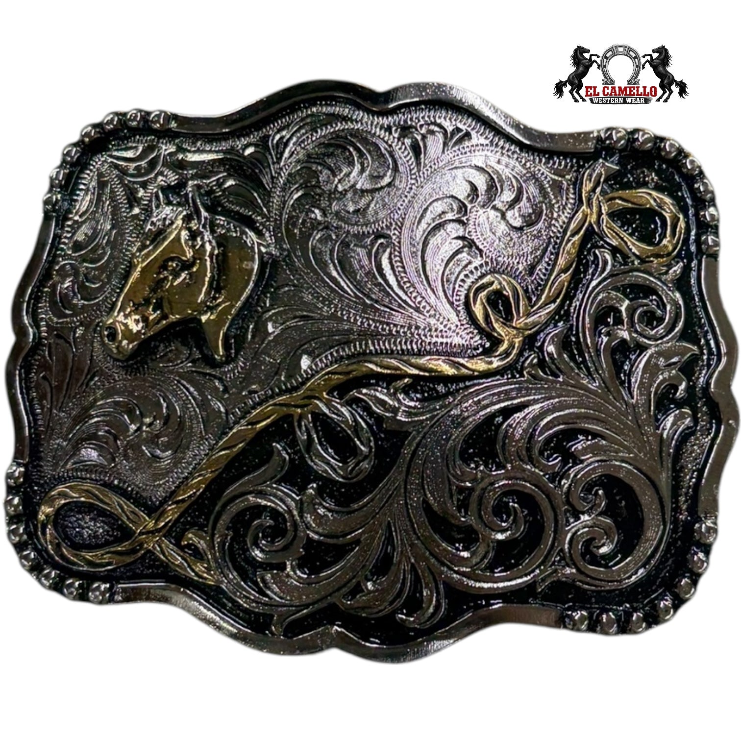 Men’s Western Horse & Rope Belt Buckle – Antique Silver with Gold Accents