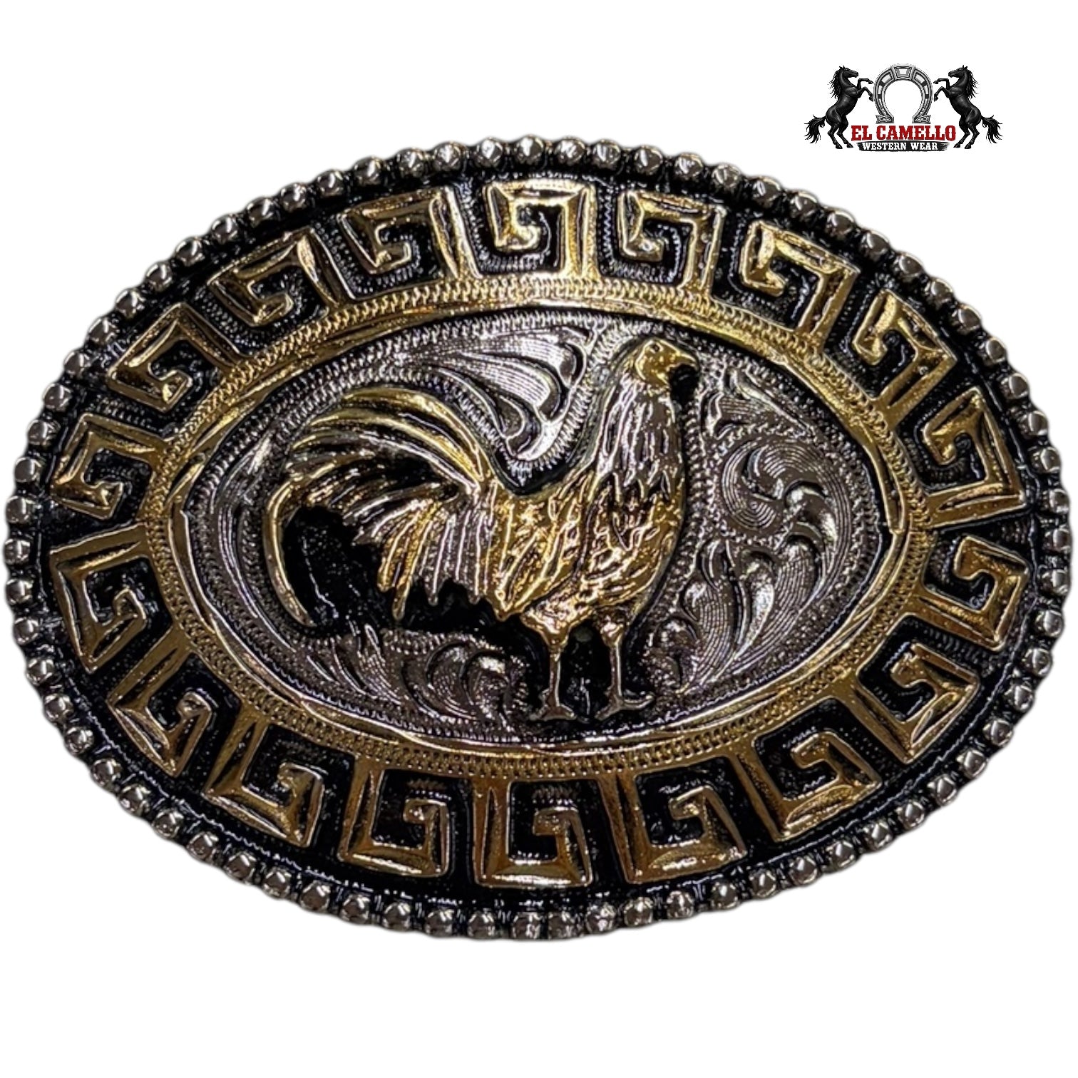 Men’s Western Rooster Belt Buckle – Oval Silver & Gold Tone with Greek Key Design