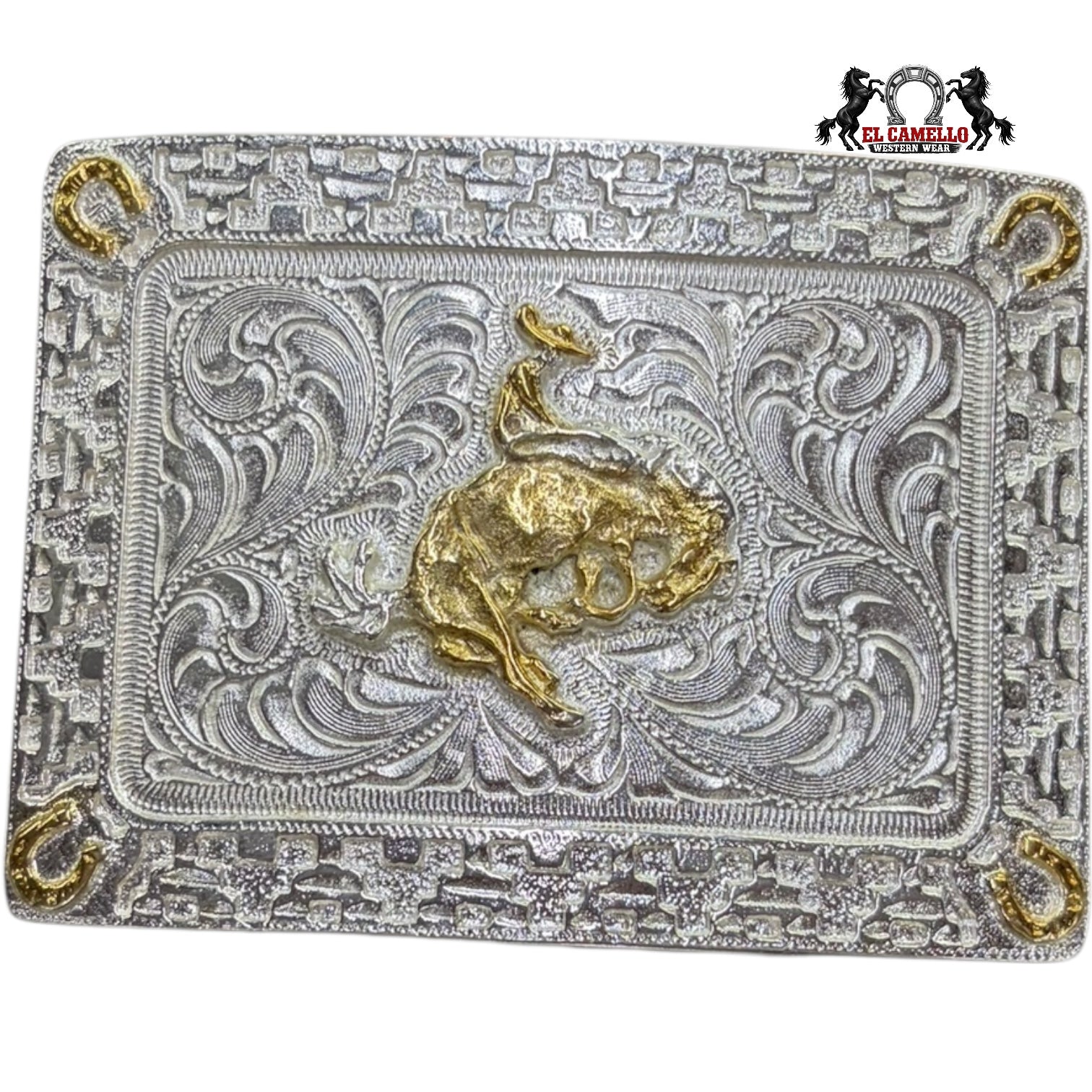 Men’s Western Bucking Horse Belt Buckle – Silver Tone with Gold Accents