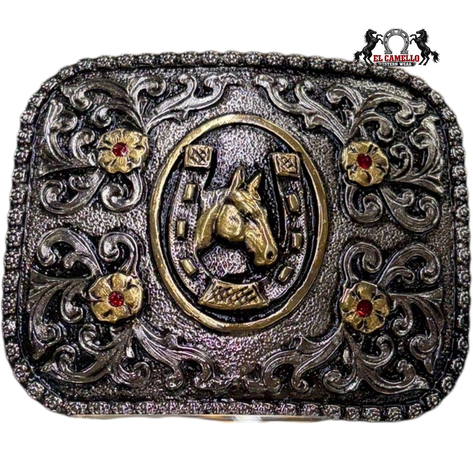 Men’s Western Horse Head Belt Buckle – Antique Silver & Gold Tone with Red Stone Accents