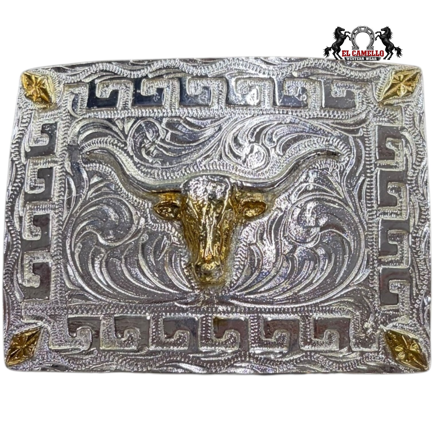 Western Longhorn Belt Buckle – Silver Engraved with Gold Bull Head & Greek Key Border