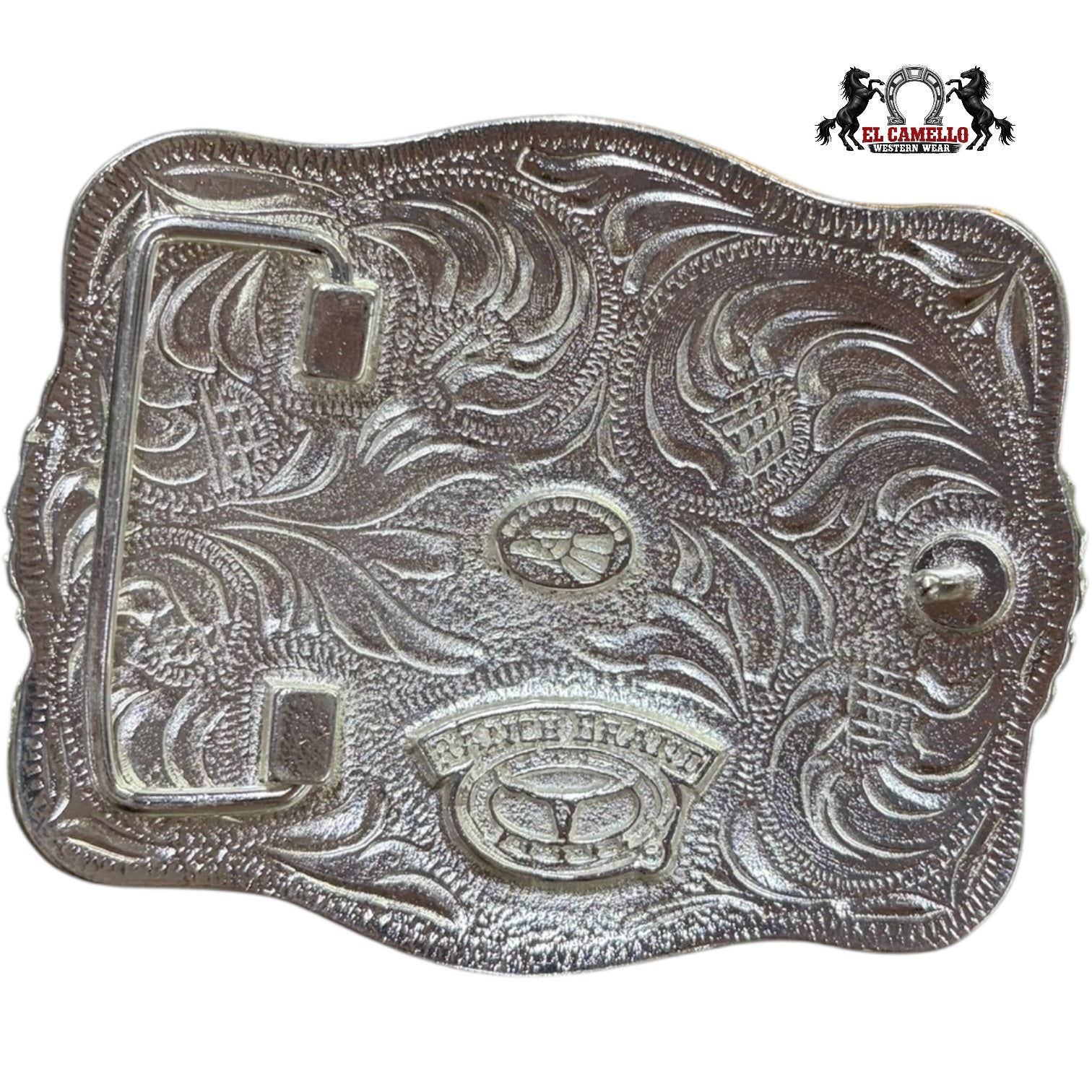 Ranch Brand Western Belt Buckle – Silver & Gold Engraved Horse Design with Red Stone Accents