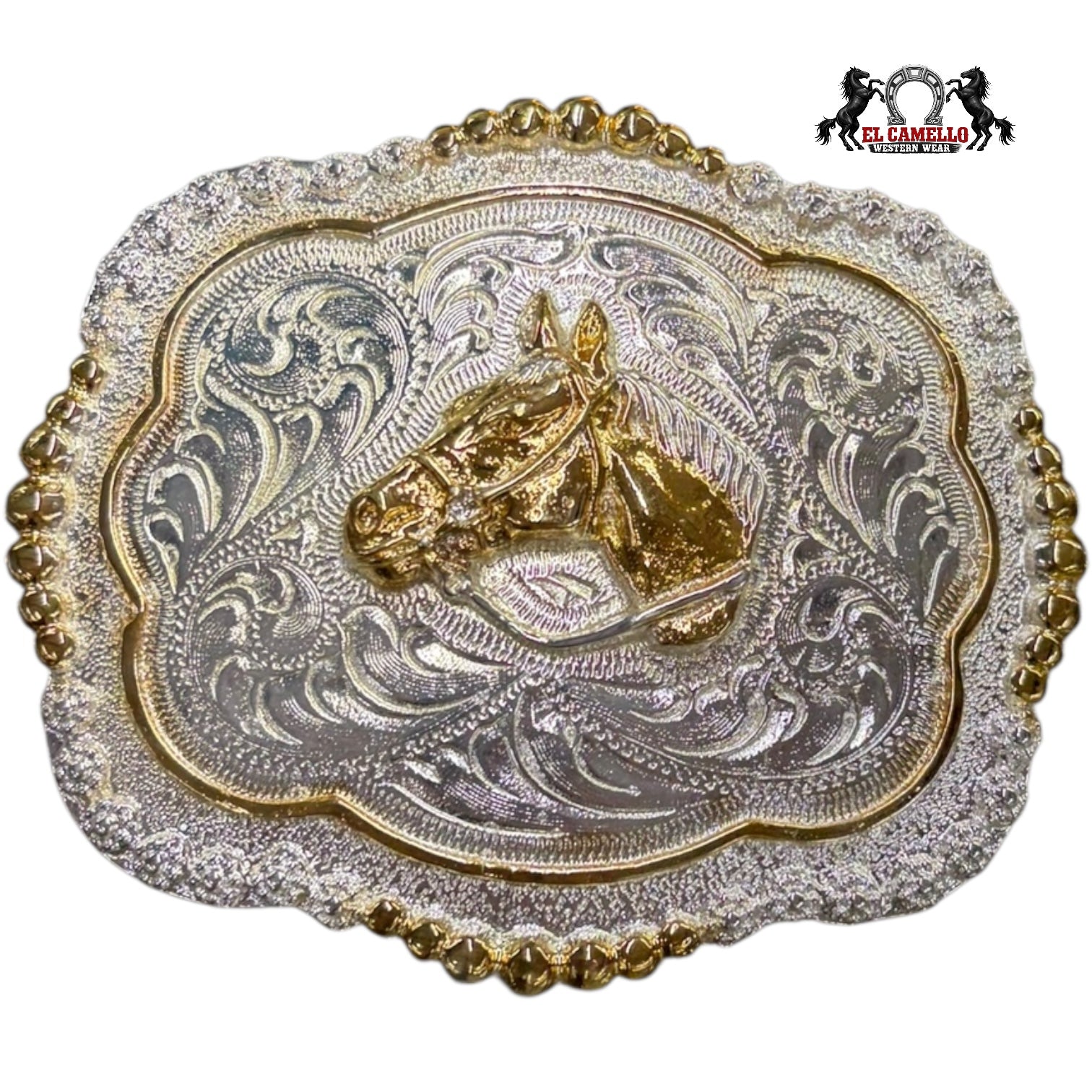 Western Engraved Belt Buckle – Silver & Gold Horse Head Design with Beaded Edge