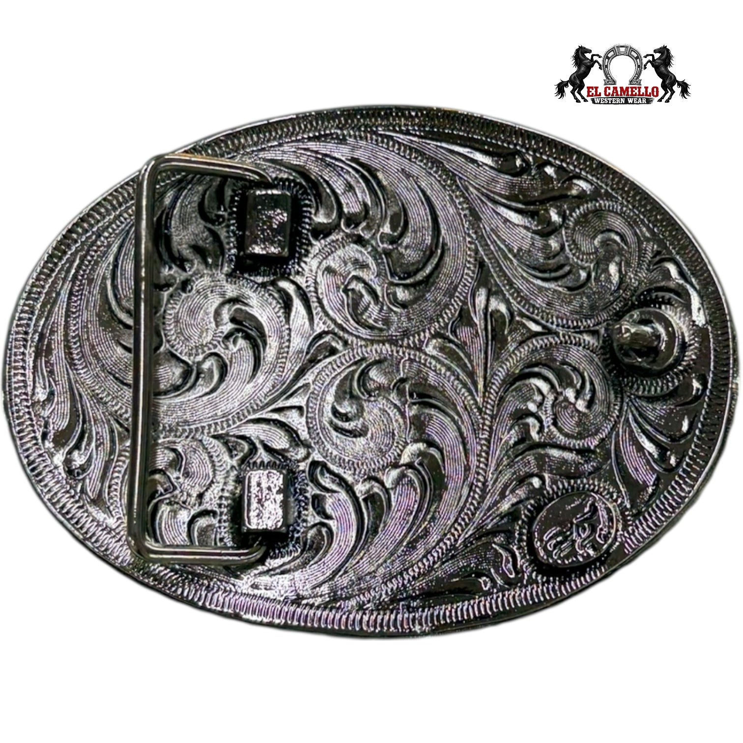 Western Oval Belt Buckle – Silver & Gold Cowboy Horse Design with Black Greek Key Border