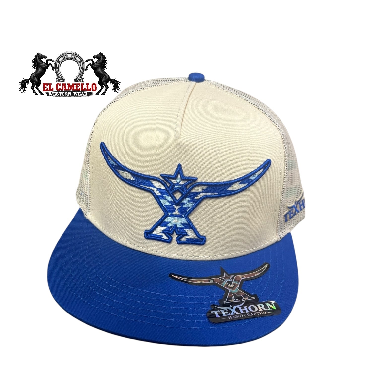 Texhorn Tan & Royal Blue Longhorn Embroidered Mesh Back Snapback Cap