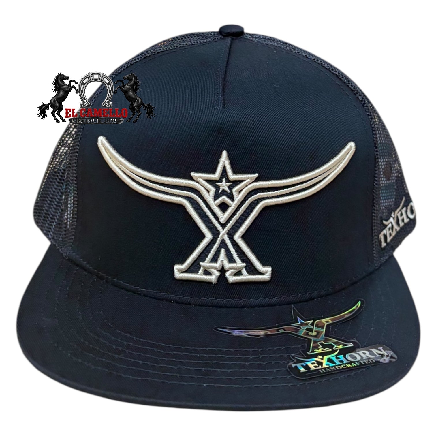 Texhorn Black & Cream Longhorn Embroidered Mesh Back Snapback Cap