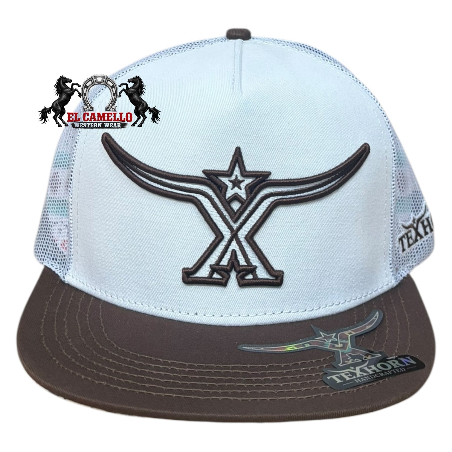 Texhorn White & Brown Longhorn Embroidered Mesh Back Snapback Cap