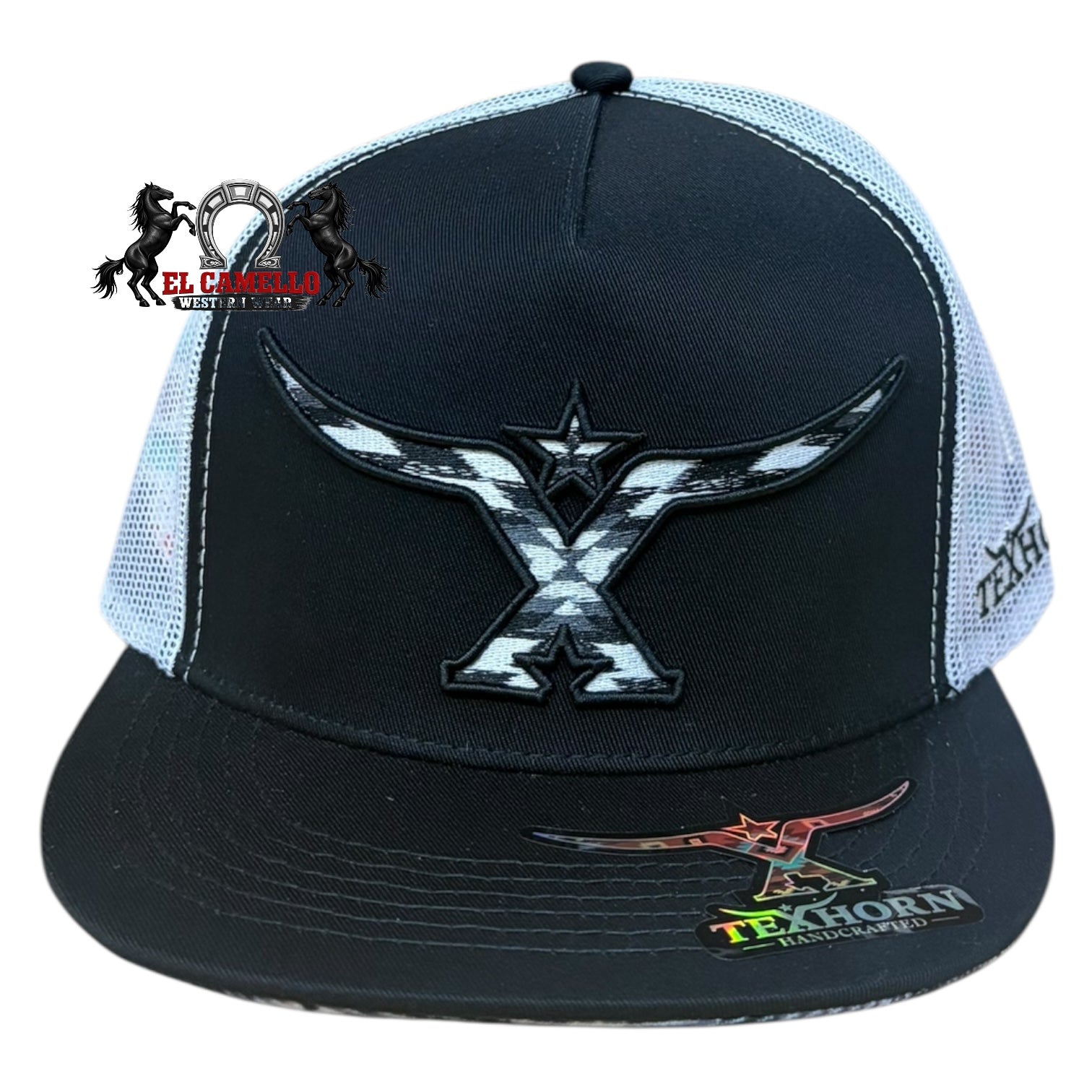Texhorn Black & White Mesh Back Camo Longhorn Embroidered Snapback Cap