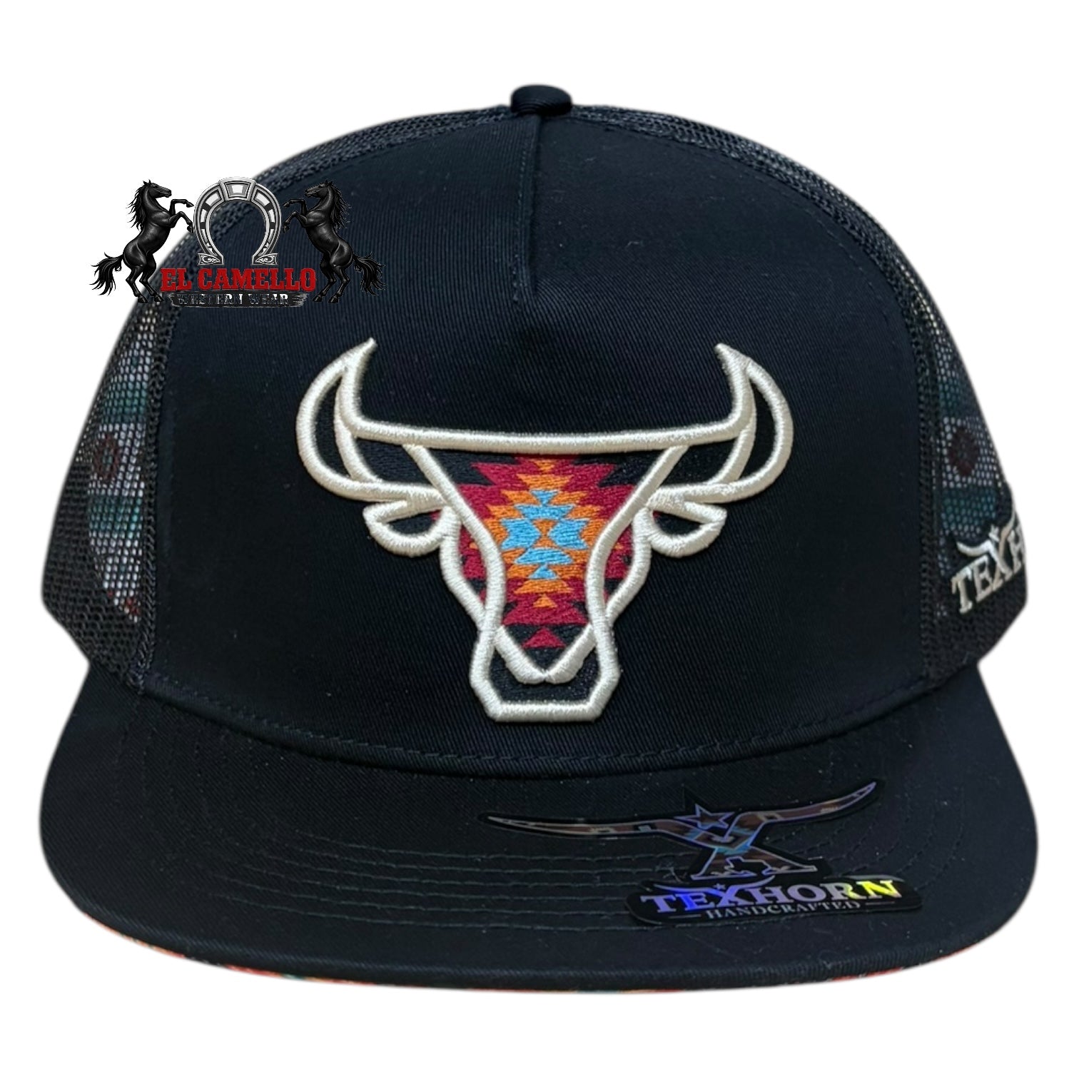 Texhorn Black Bull Head Aztec Embroidered Mesh Back Snapback Cap