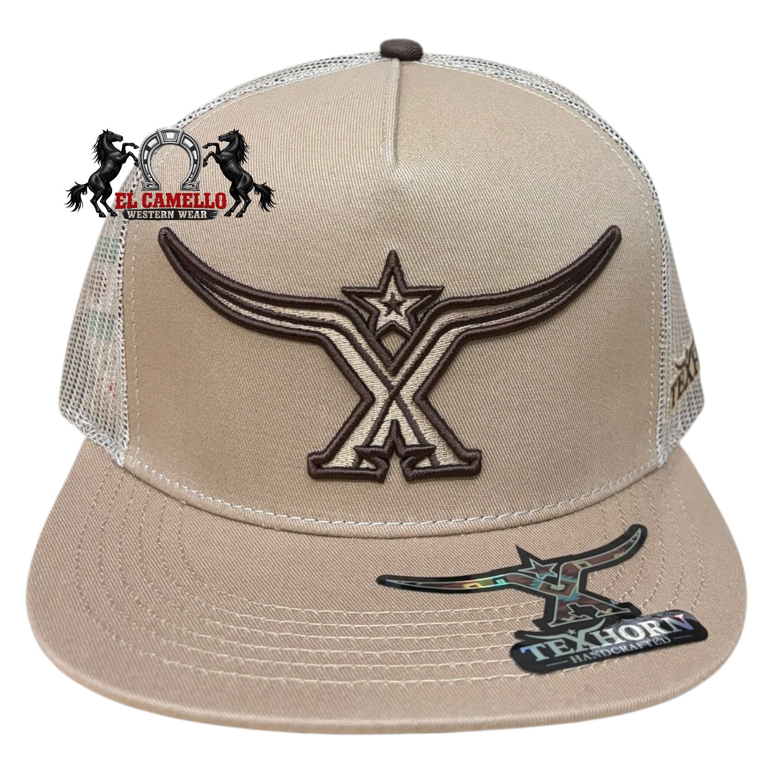 Texhorn Tan & Brown Longhorn Embroidered Mesh Back Snapback Cap