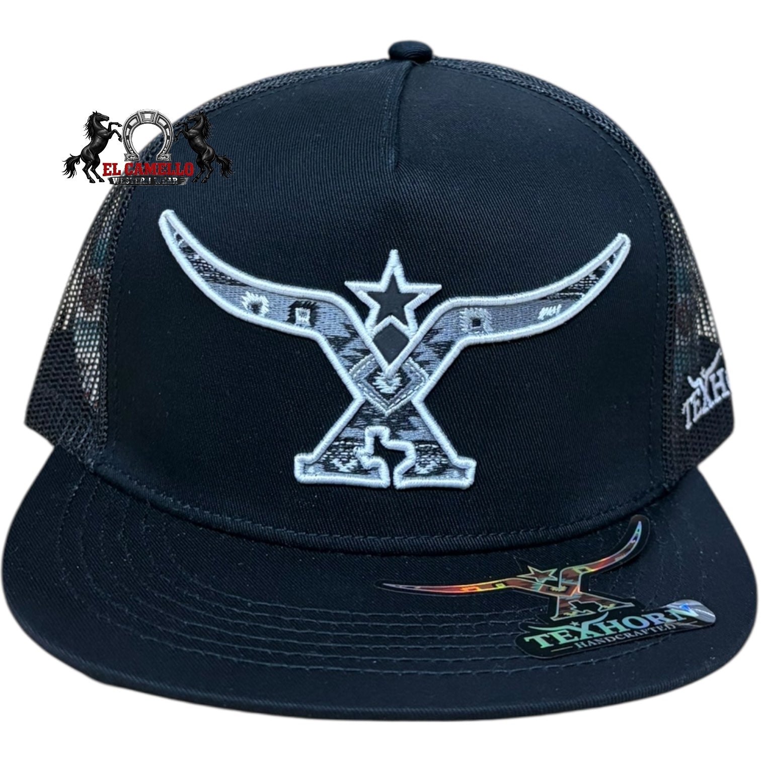 Texhorn Black & White Longhorn Aztec Embroidered Mesh Back Snapback Cap