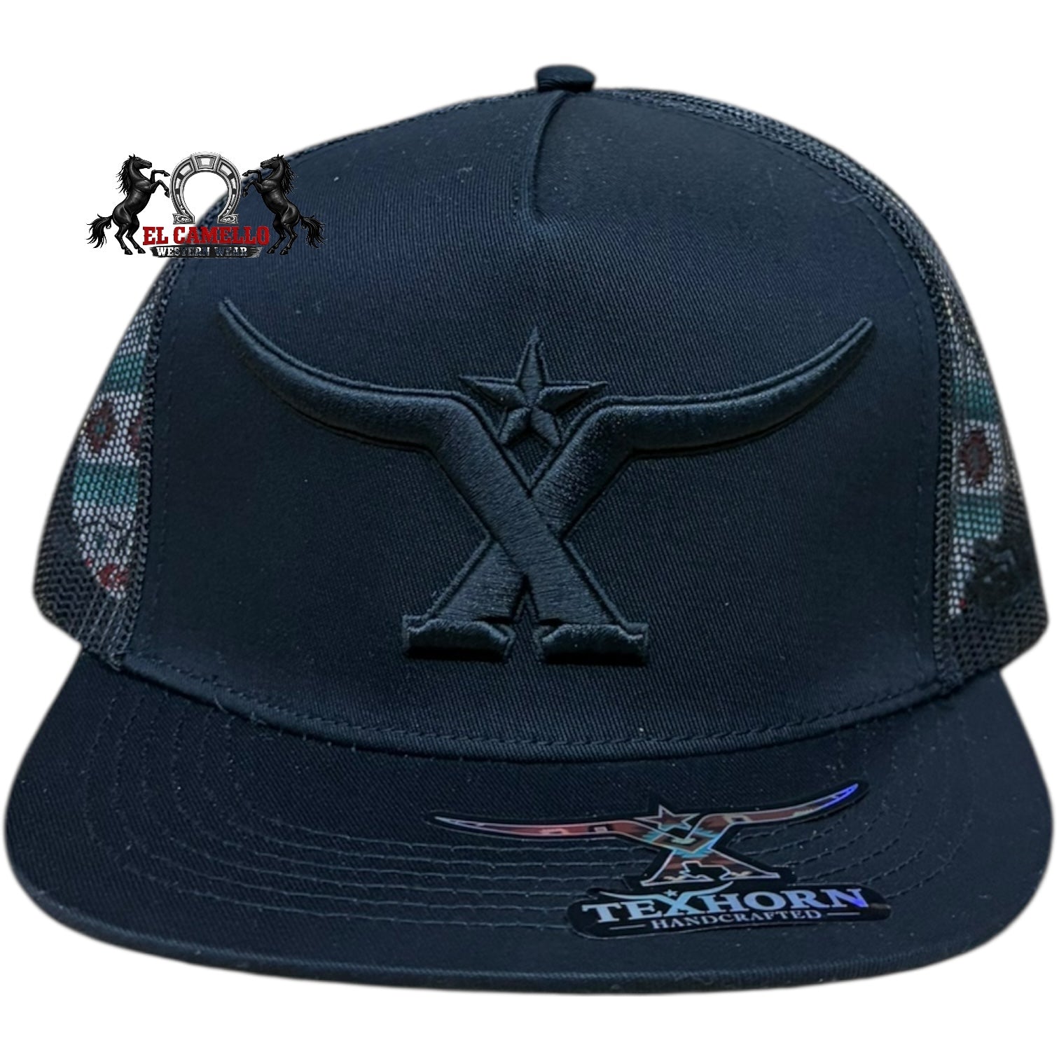 Texhorn All-Black Longhorn Embroidered Mesh Back Snapback Cap