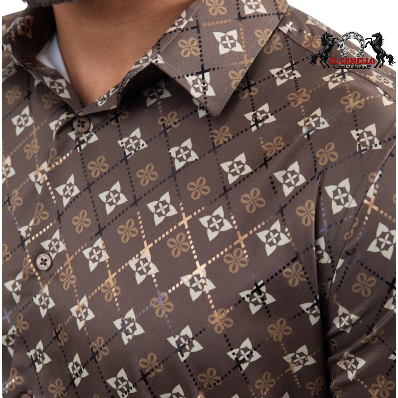 Platini Men’s Brown & Tan Geometric Pattern Long Sleeve Dress Shirt FPL11492