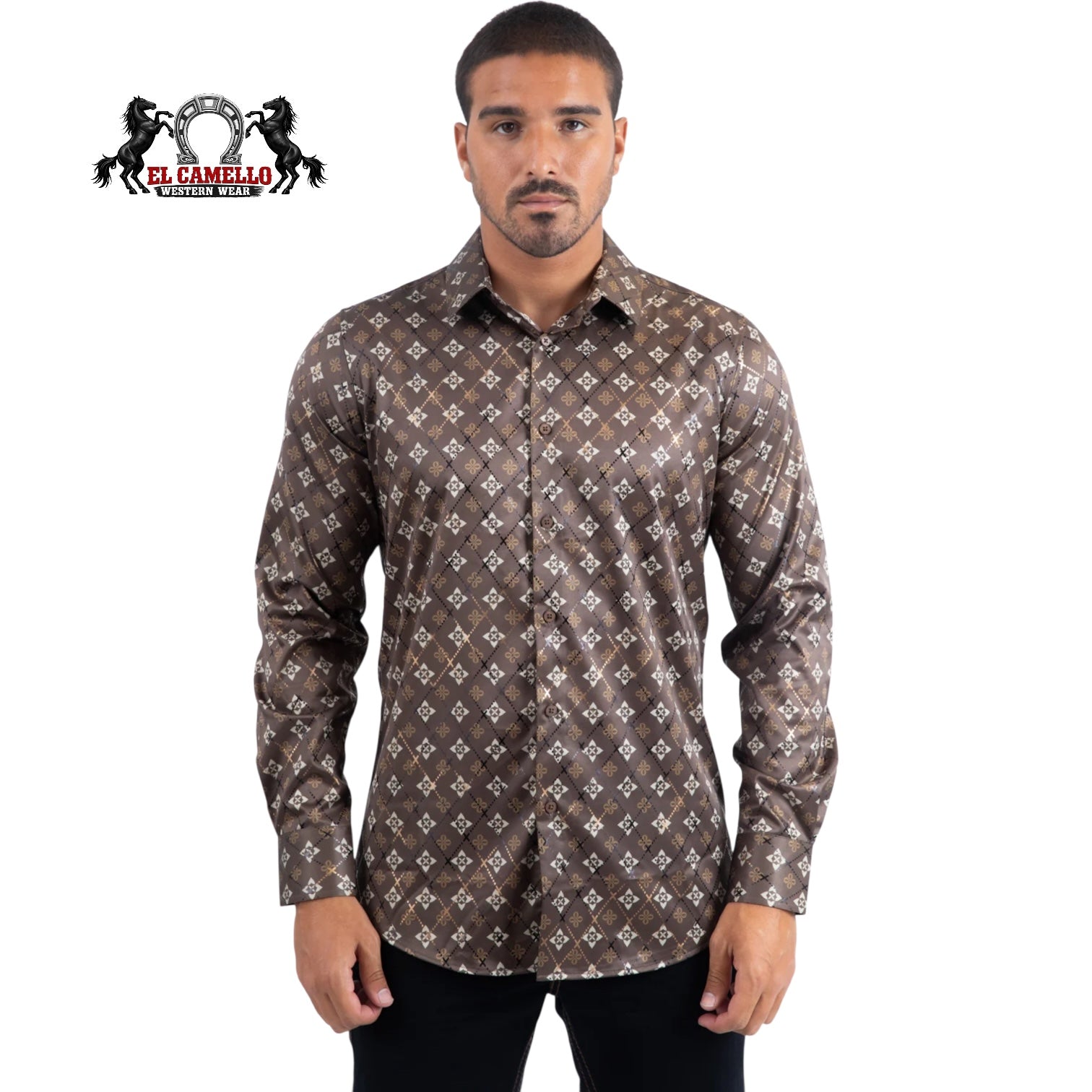 Platini Men’s Brown & Tan Geometric Pattern Long Sleeve Dress Shirt FPL11492