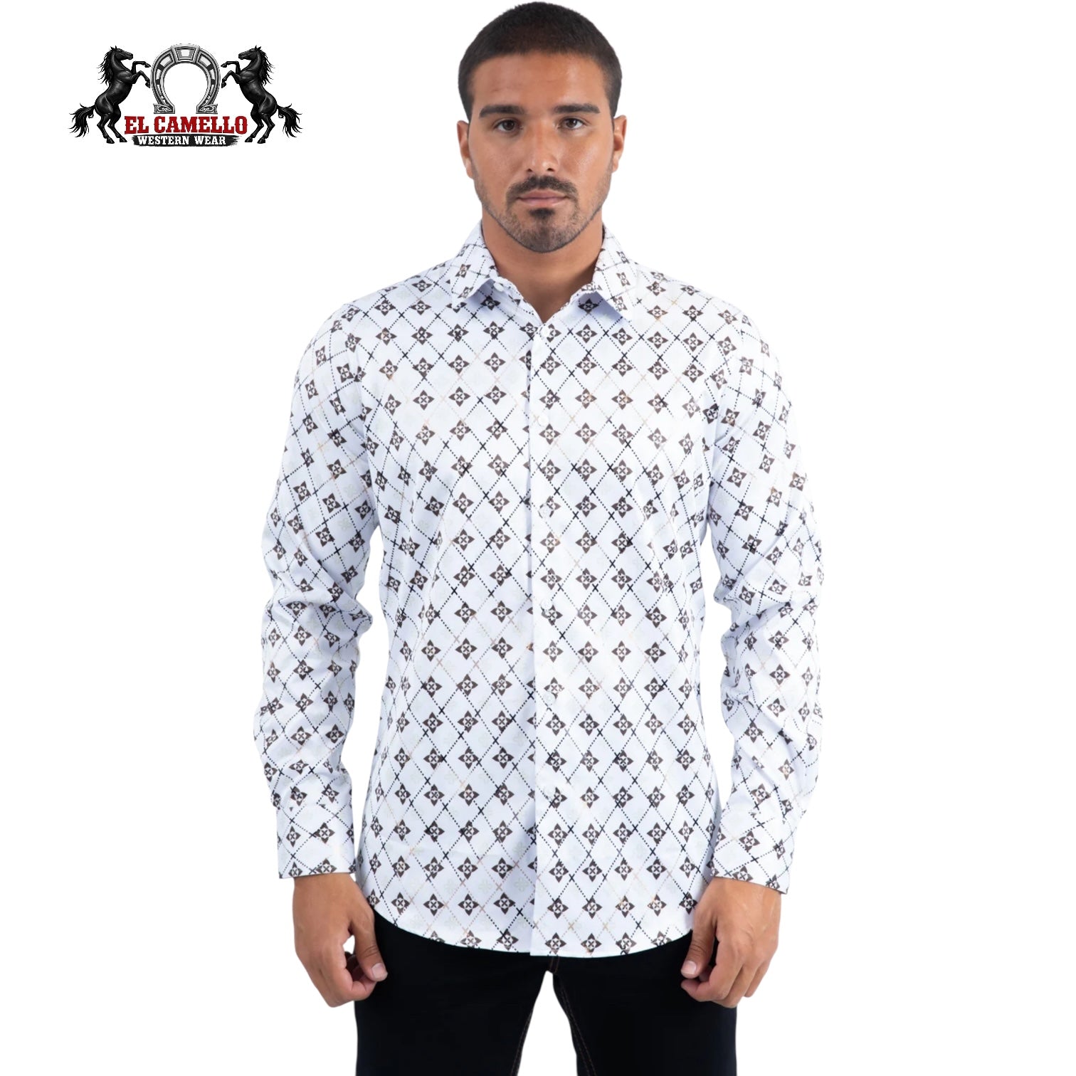 Platini Men’s White & Brown Geometric Pattern Long Sleeve Dress Shirt
FPL11491
