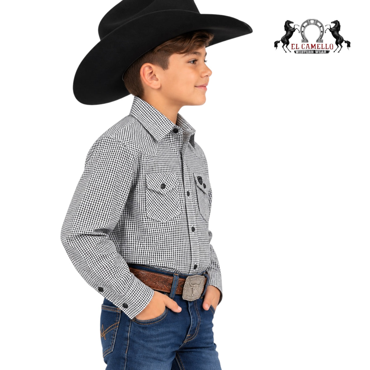 CINCH Boys’ Black &amp; White Checkered Long Sleeve Western Shirt