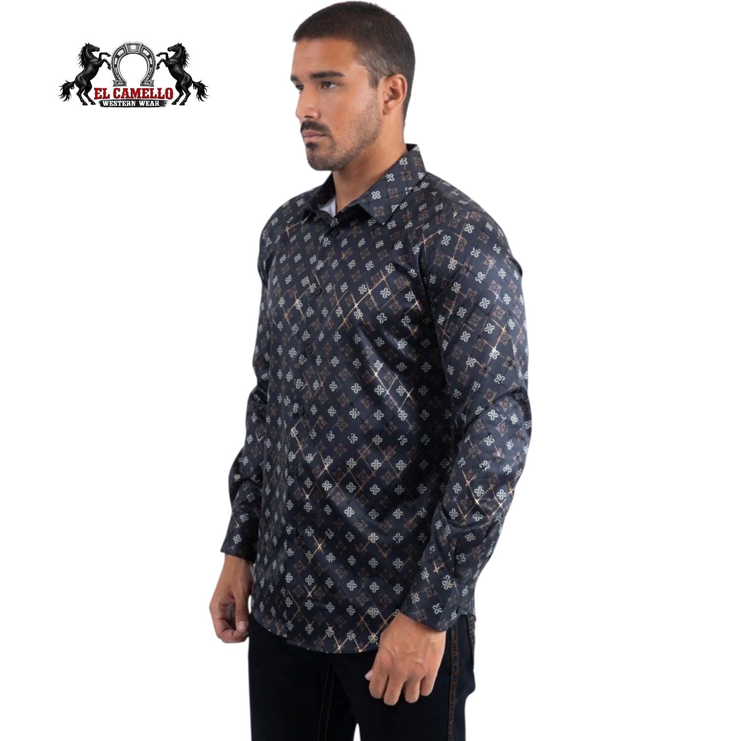 Mens Modern Fit Stretch Foil Fashion Shirt- Black FPL11490