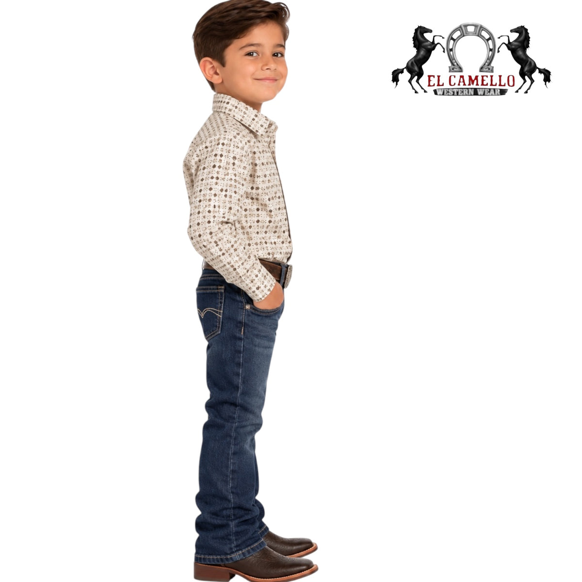 Montero Boys’ Cream &amp; Brown Geometric Print Long Sleeve Western Shirt