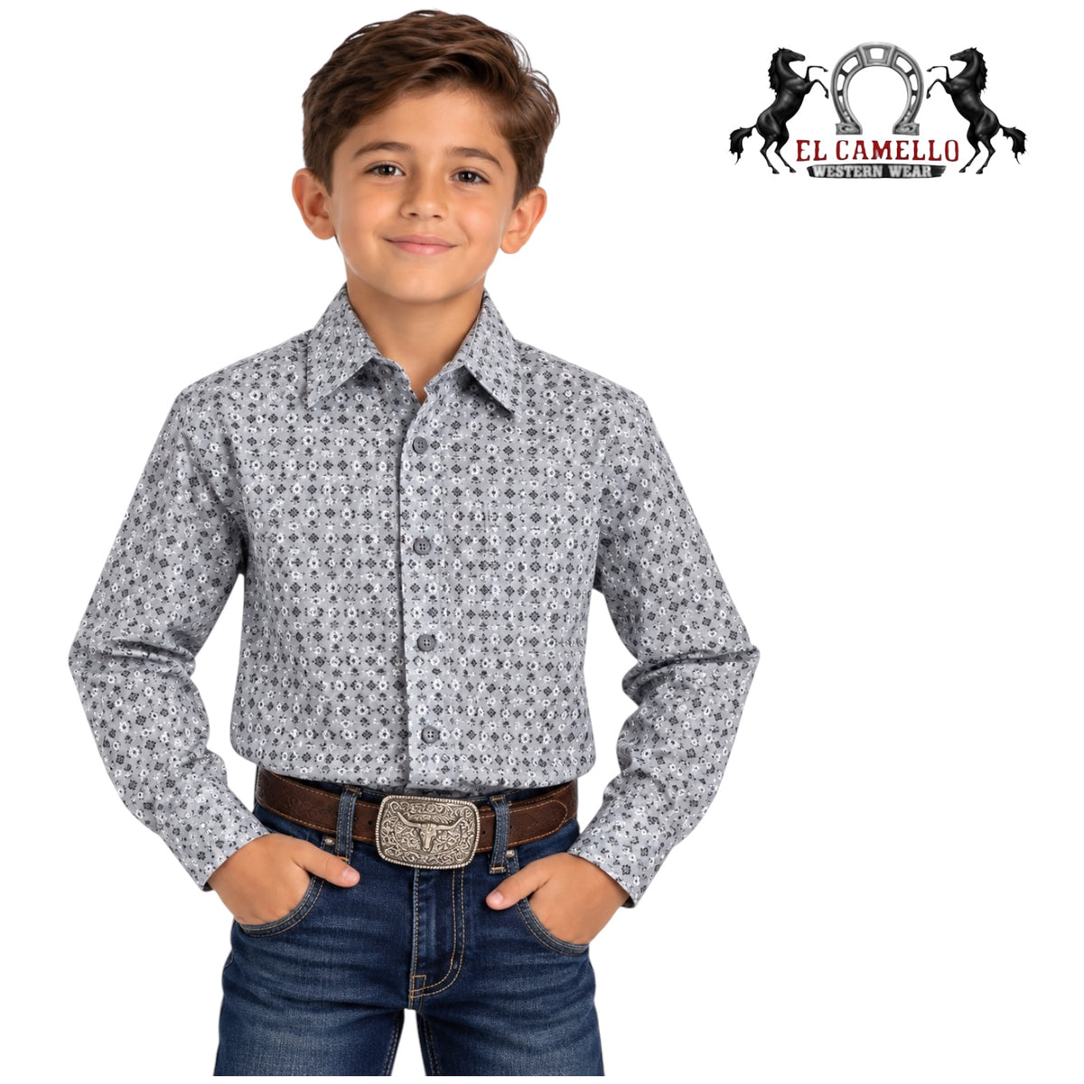 Montero Boys’ Gray Geometric Print Long Sleeve Western Shirt
