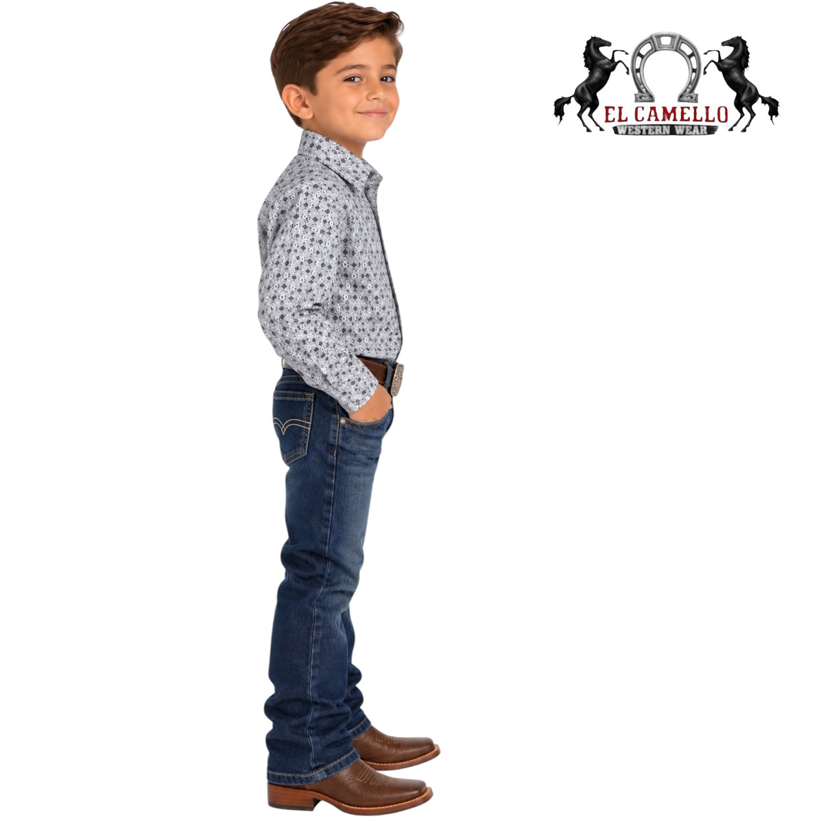 Montero Boys’ Gray Geometric Print Long Sleeve Western Shirt