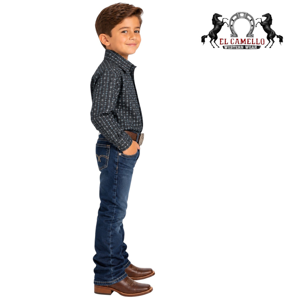 Montero Boys’ Charcoal Gray &amp; Blue Geometric Print Long Sleeve Western Shirt