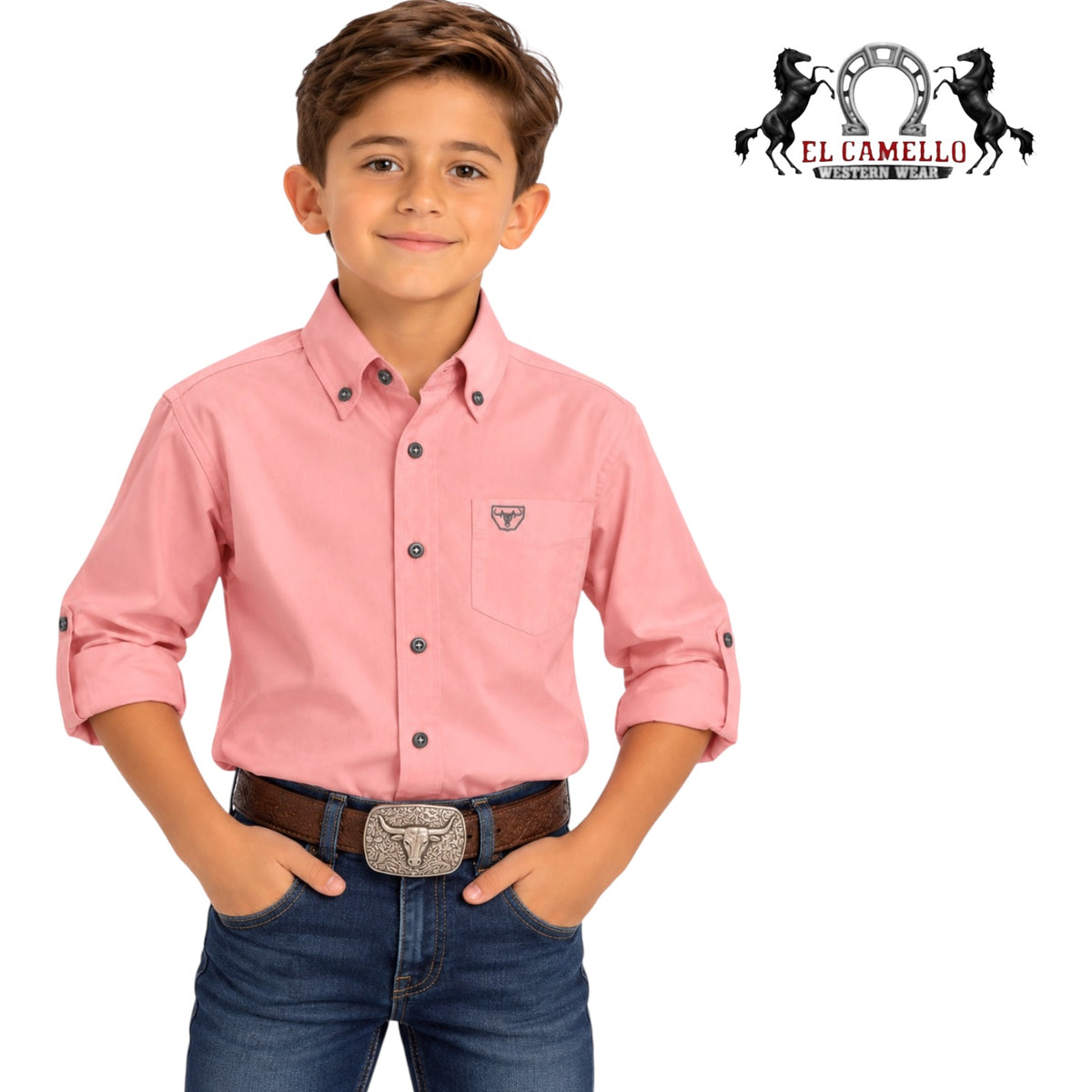 Platini Boys’ Pink Long Sleeve Western Button-Up Shirt