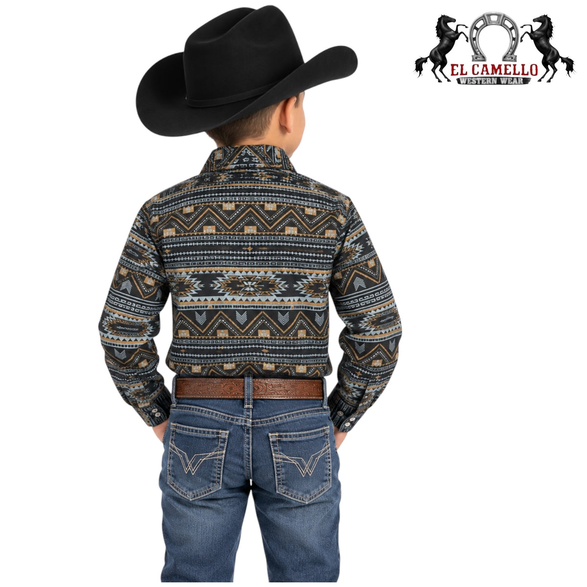 Montero Boys’ Black Geometric Print Long Sleeve Western Shirt