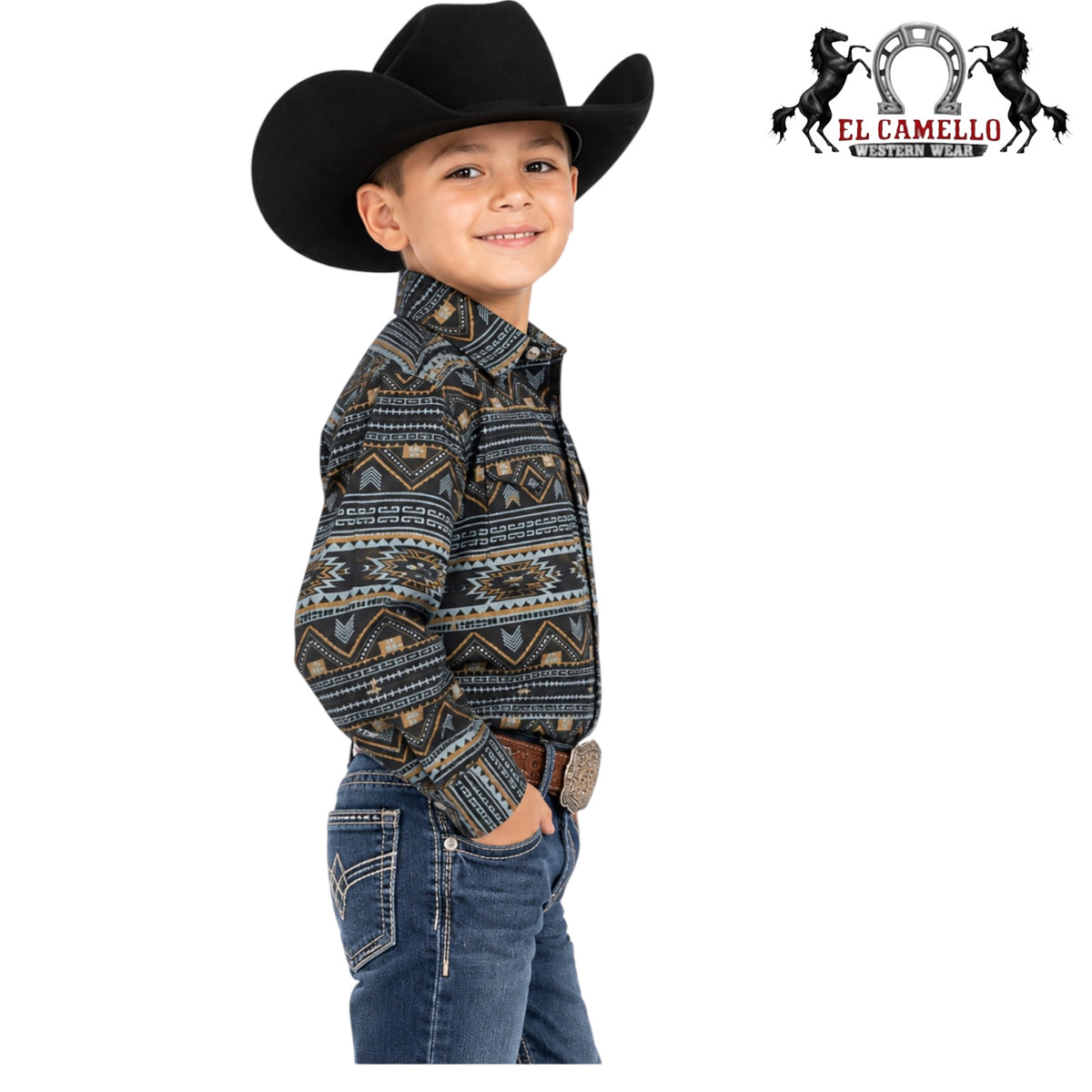 Montero Boys’ Black Geometric Print Long Sleeve Western Shirt