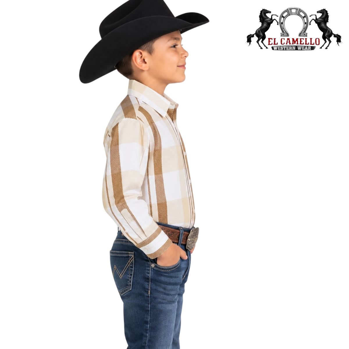 Montero Boys’ Beige &amp; Brown Plaid Long Sleeve Western Shirt