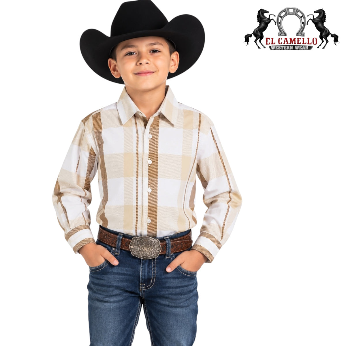 Montero Boys’ Beige &amp; Brown Plaid Long Sleeve Western Shirt
