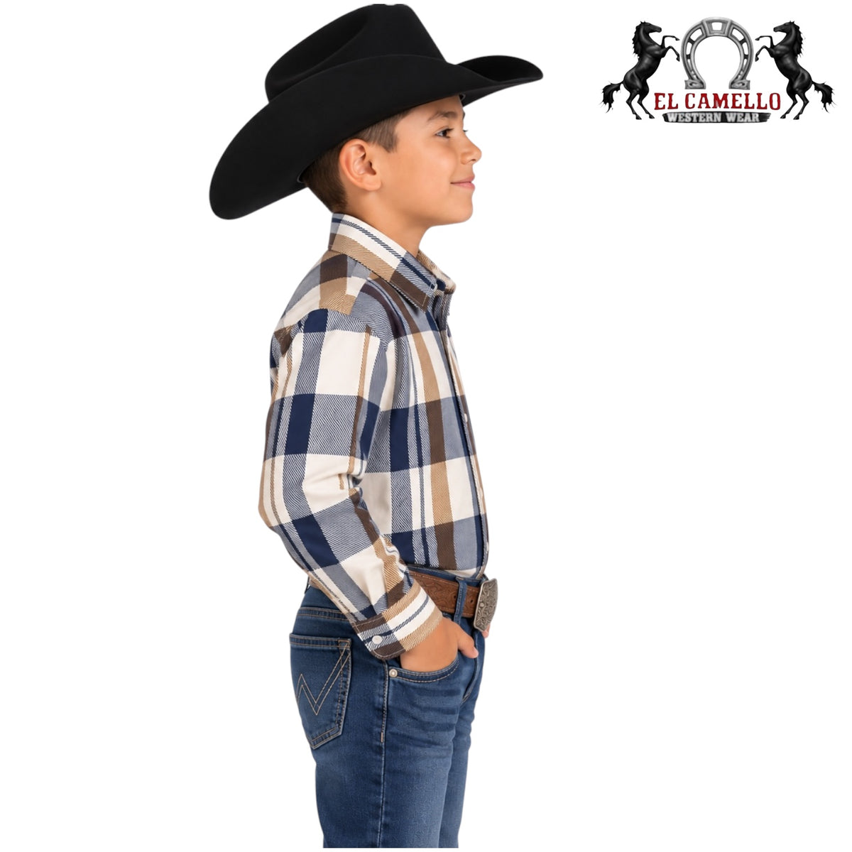 Montero Boys’ Beige &amp; Brown Plaid Long Sleeve Western Shirt