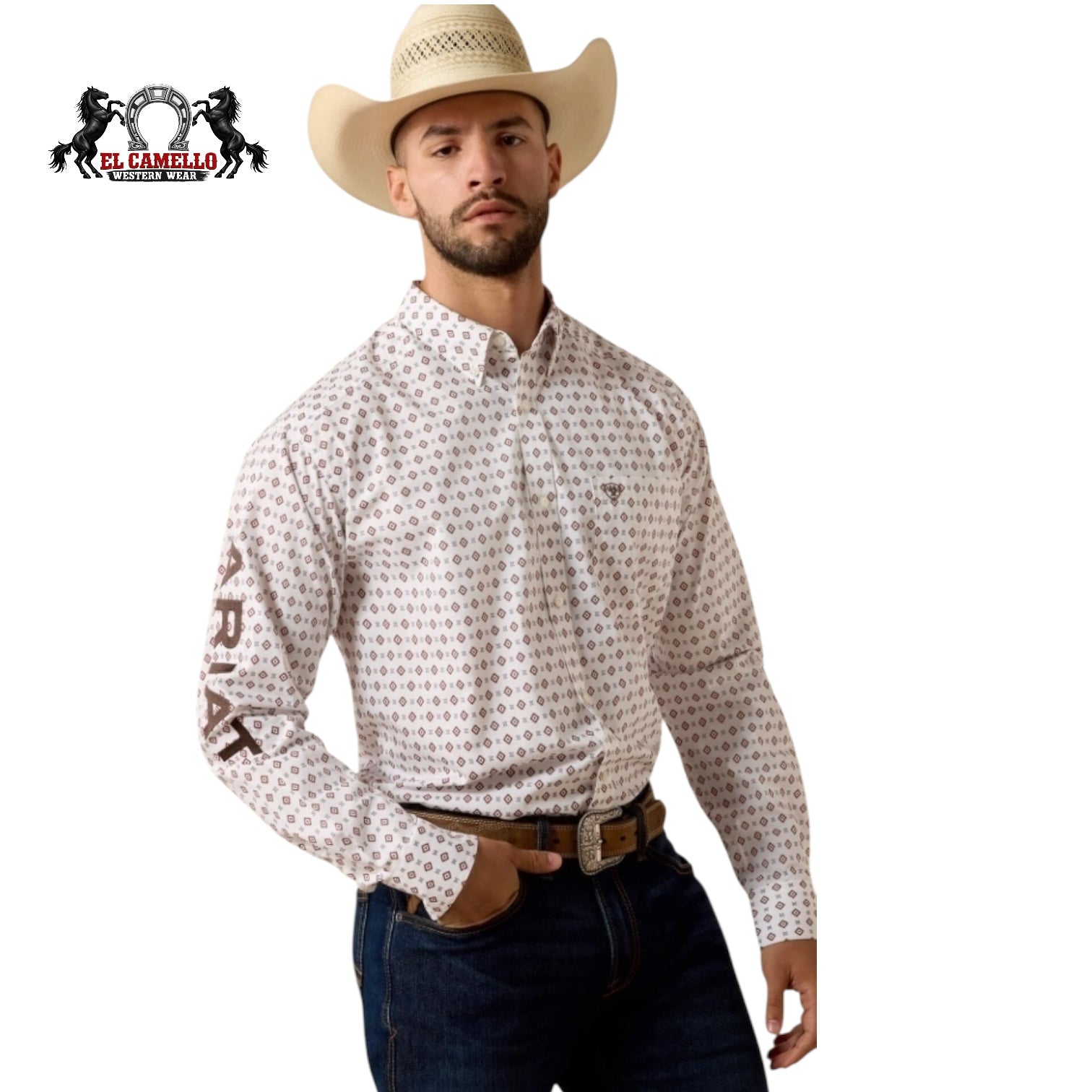 Ariat Dallas Team LS Men’s Western Shirt 10073629 – White/Black Geo Print