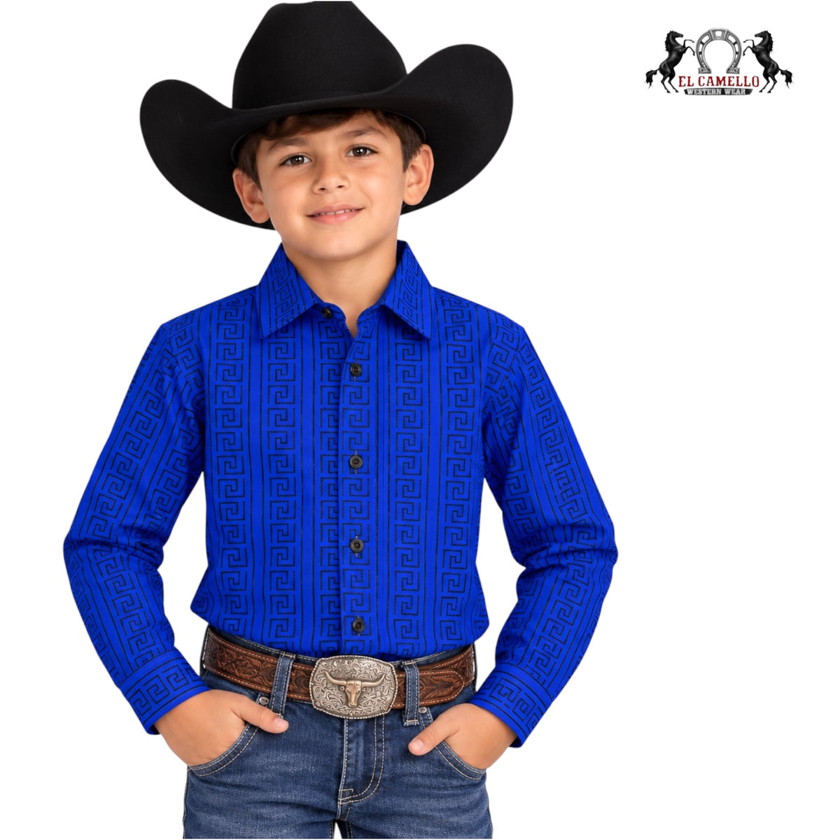 CHUXX Boys’ Royal Blue Geometric Print Long Sleeve Western Shirt