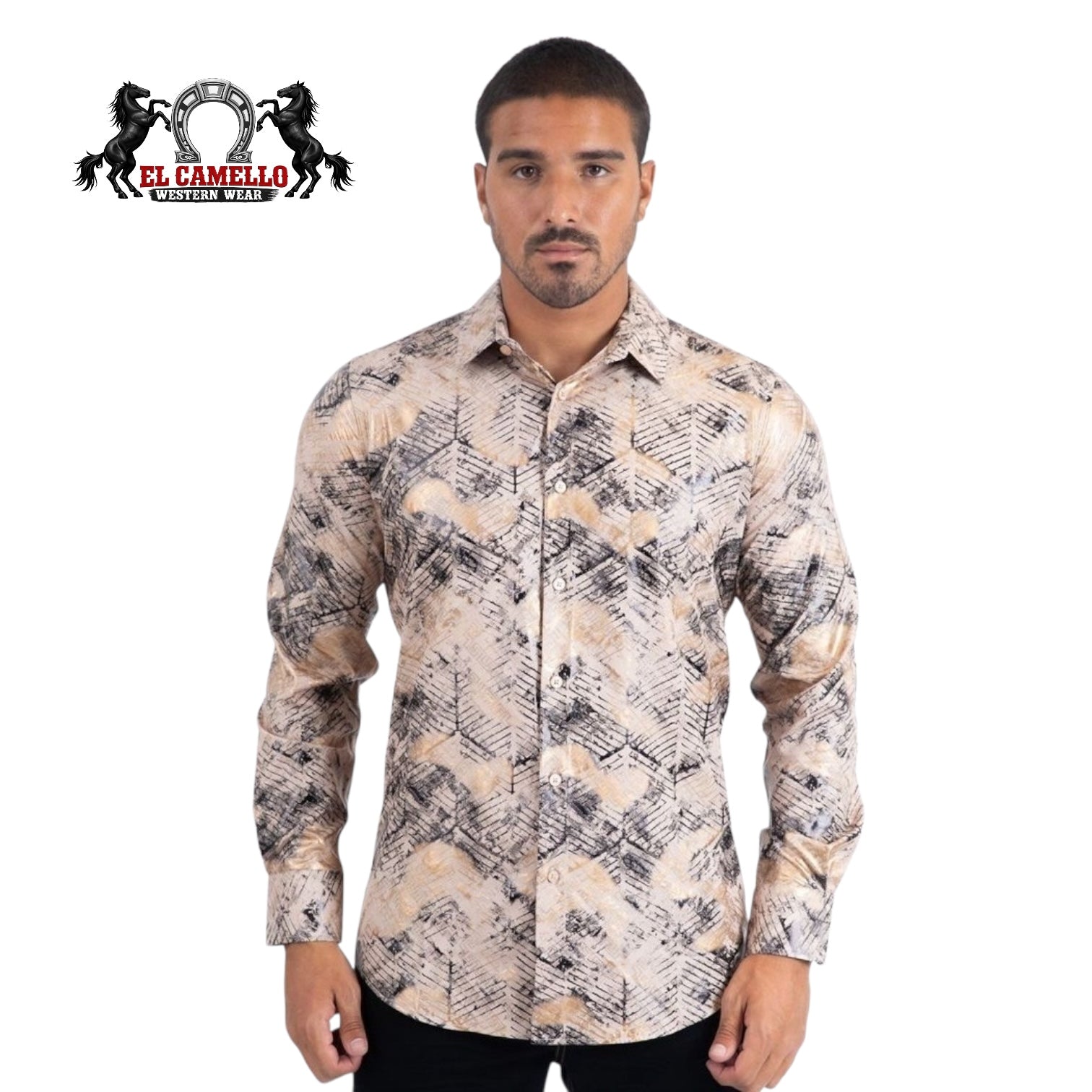 Platini Men’s Gold & Black Abstract Pattern Long Sleeve Dress Shirt FPL11507 beige