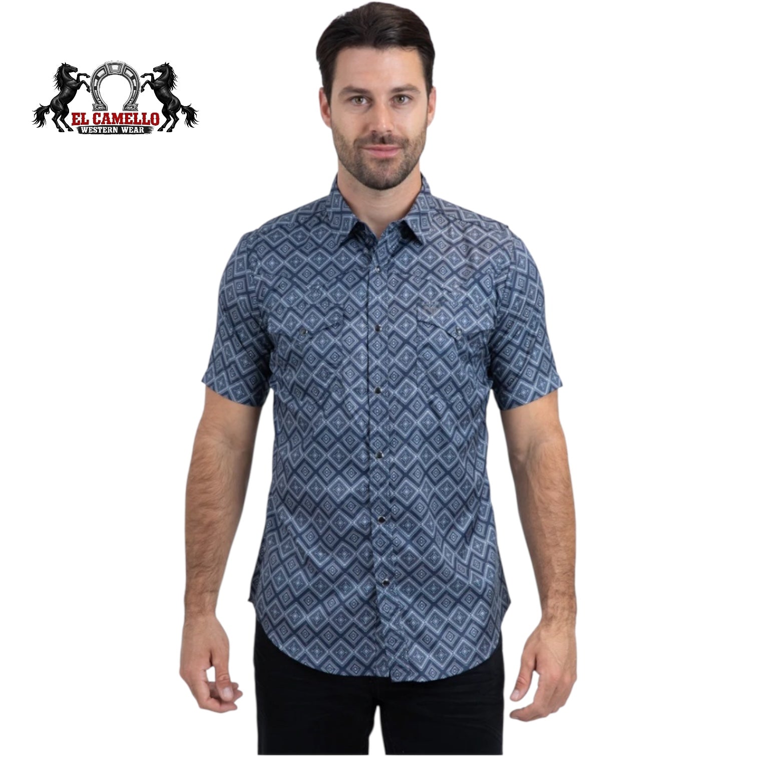 Platini Men’s PGW11153 Blue Geometric Western Short Sleeve Snap Shirt