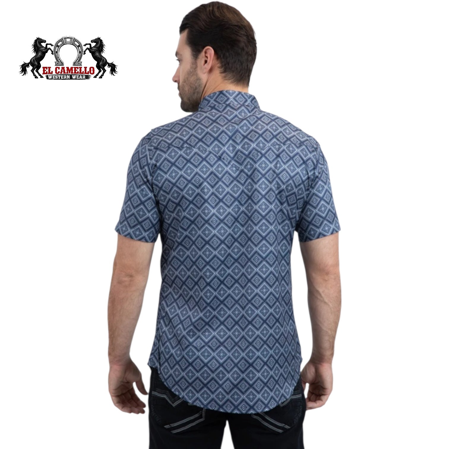 Platini Men’s PGW11153 Blue Geometric Western Short Sleeve Snap Shirt
