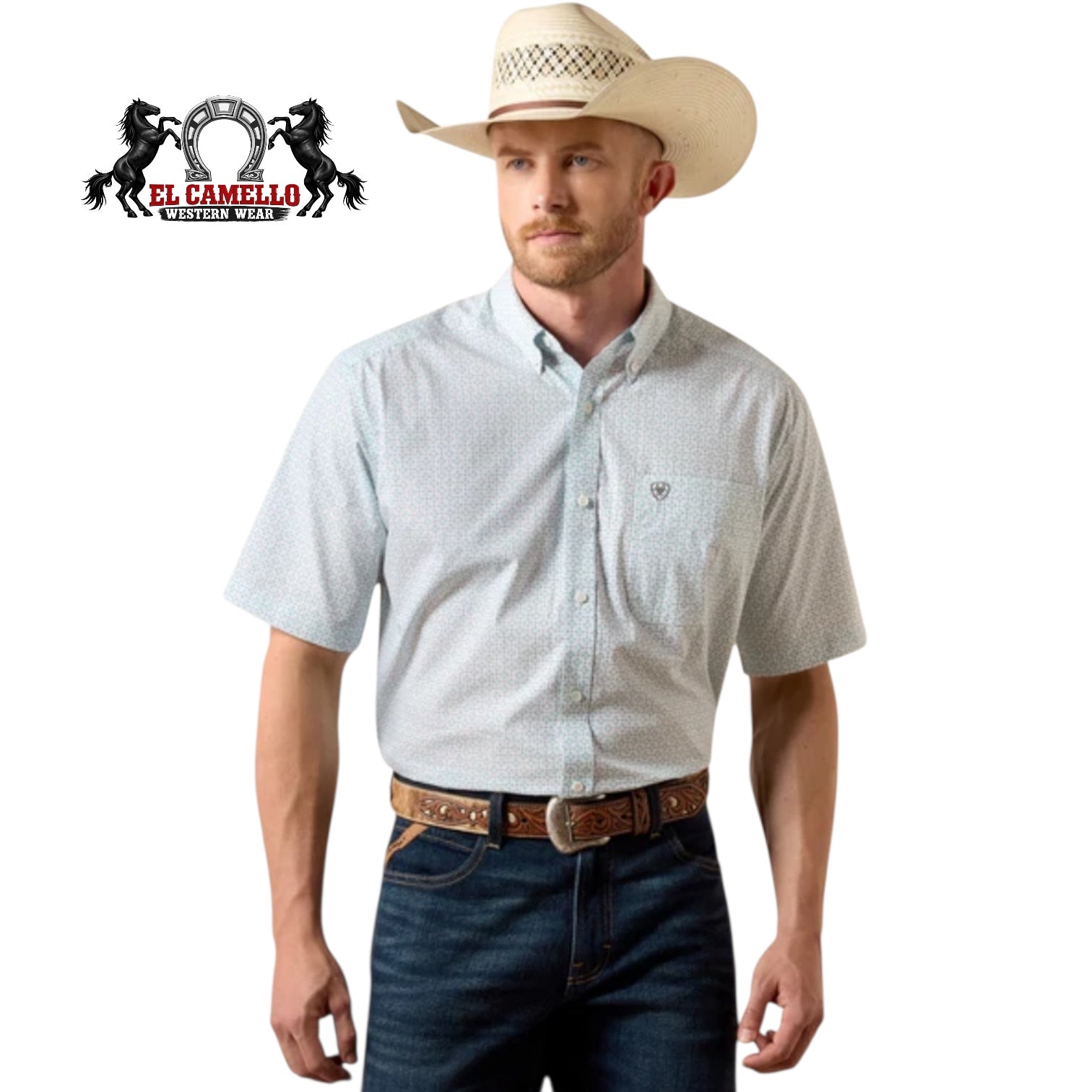 Ariat Men’s White Multi Geo Print Short Sleeve Button-Up Shirt – 10074700