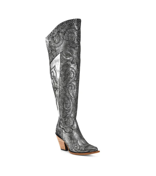 Z5245- WOMEN'S BLACK-SILVER METALLIZED LEATHER EMBROIDERY SCRUNCHABLE TALL TOP POINTED TOE COWBOY BOOT