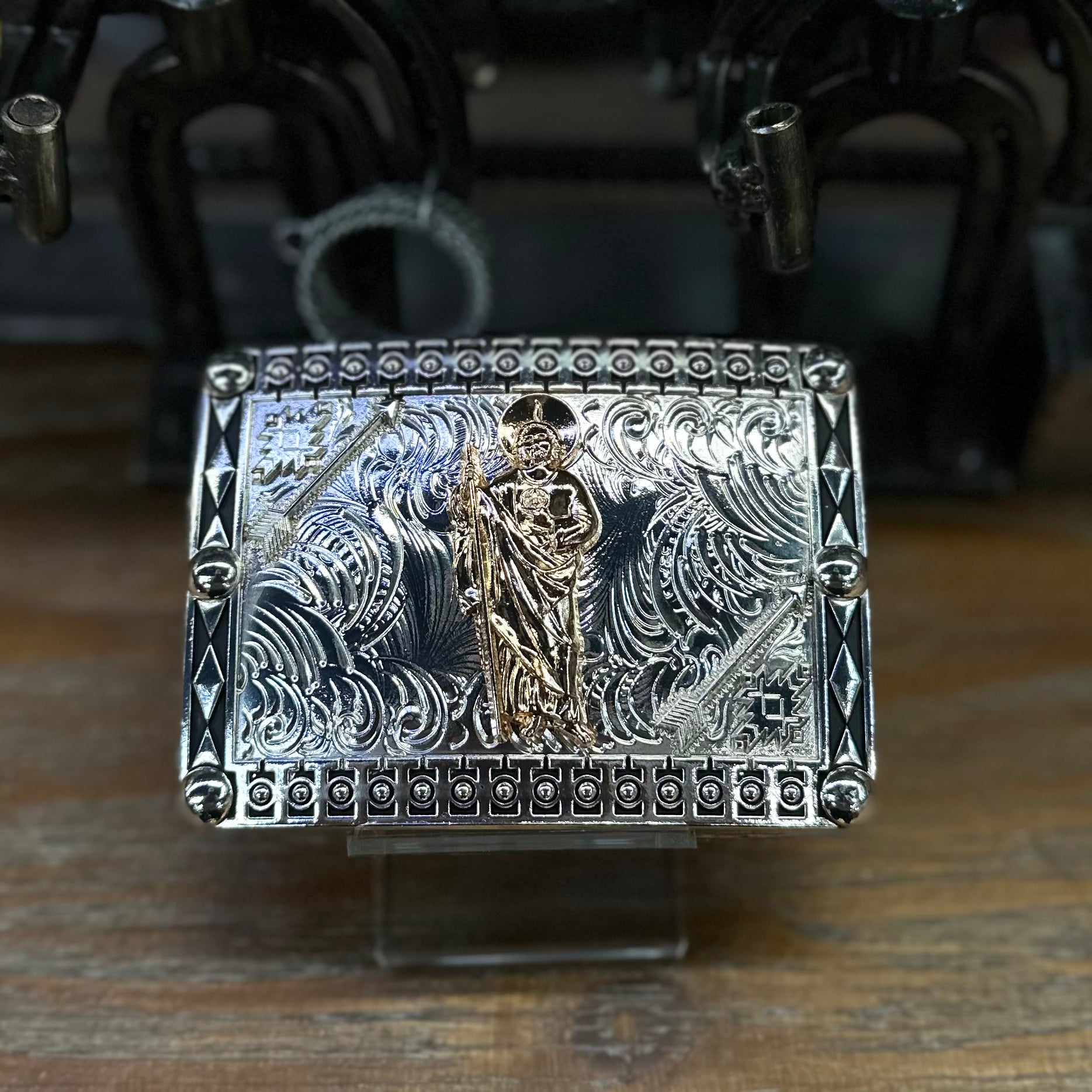 Engraved Silver Underlay/Bronze San Judas Buckle