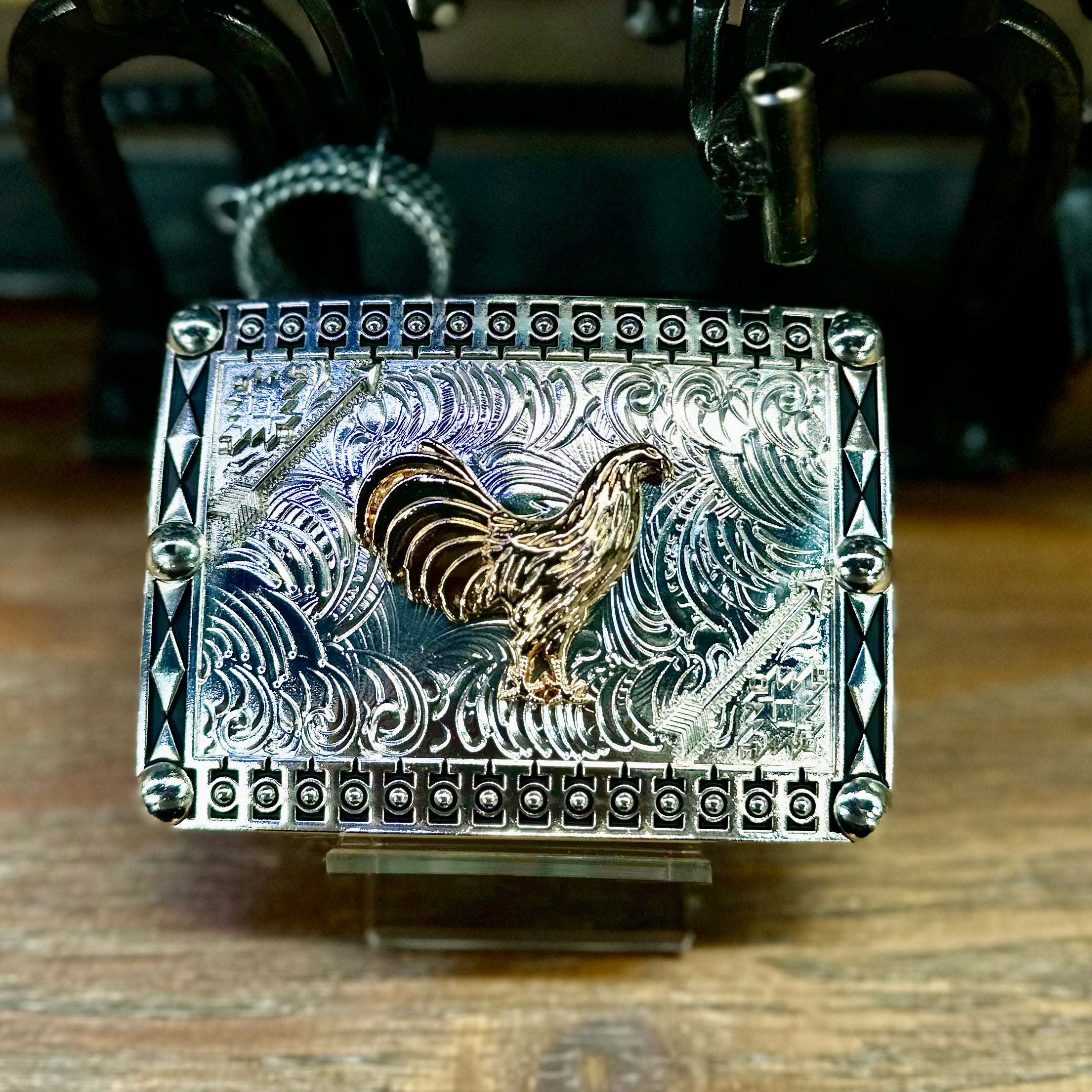 Engraved Silver Underlay/Bronze Rooster Buckle