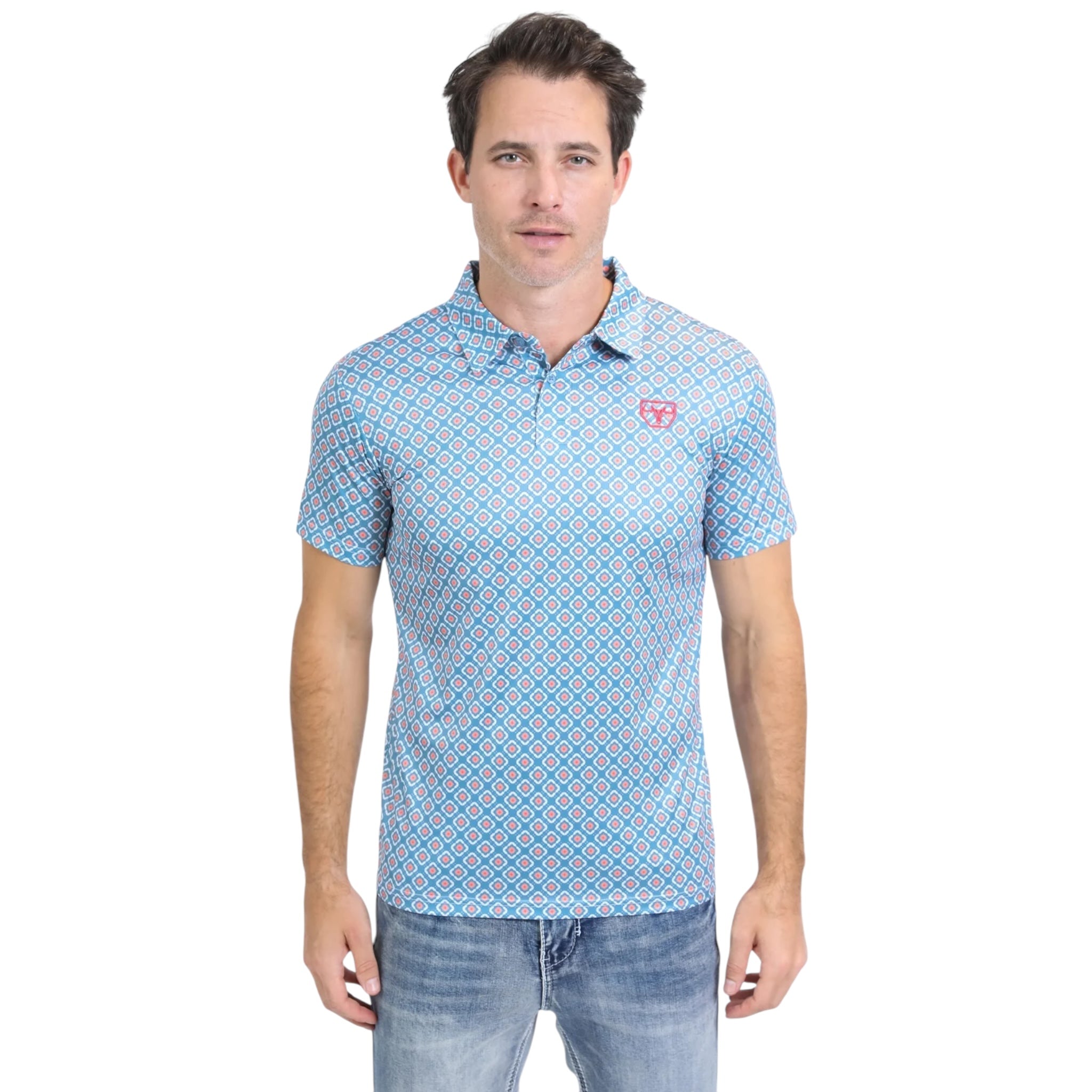 PLATINI MENS - SLIM FIT PERFORMANCE POLO AZTEC RHOMBUS - BLUE