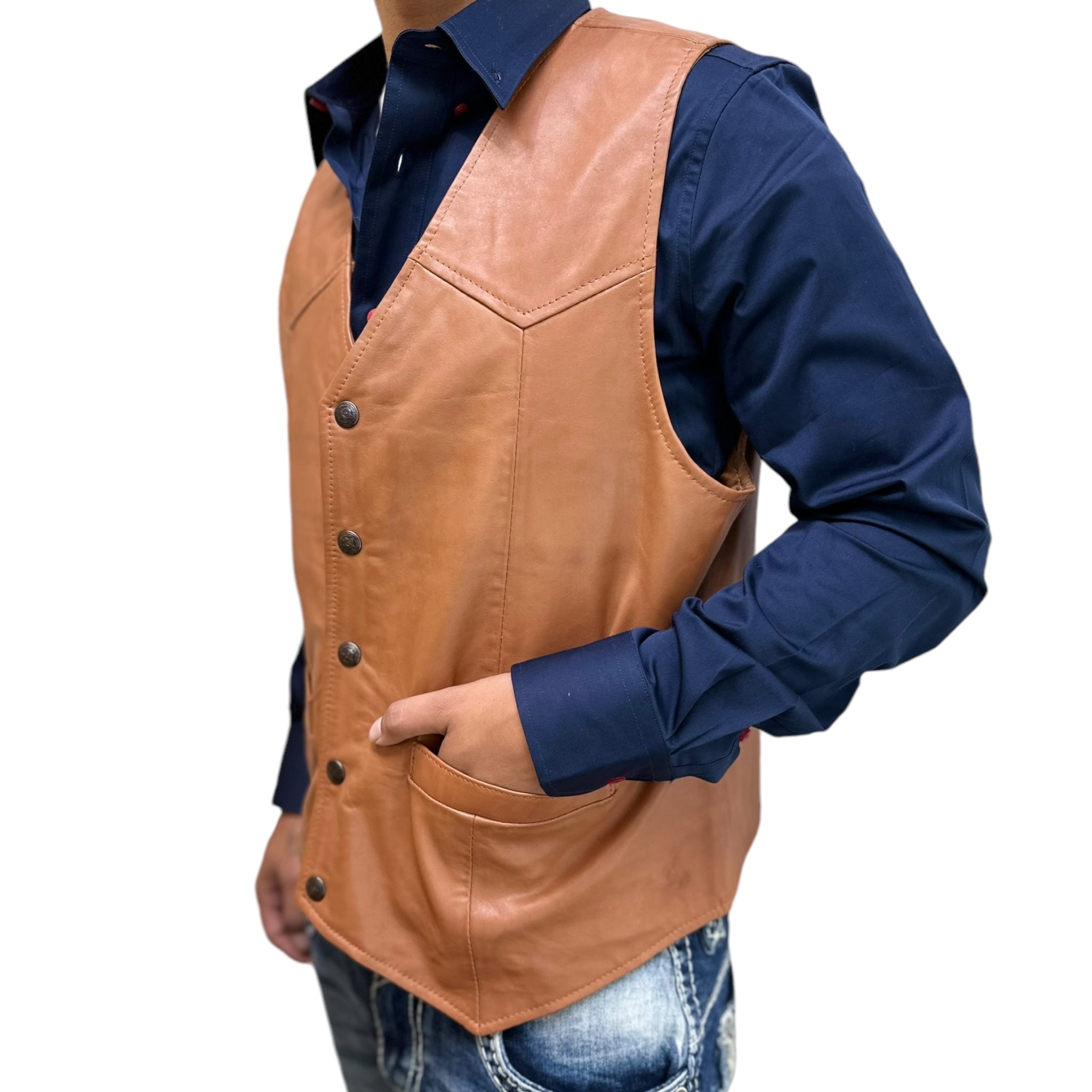 MEN'S LAMB LEATHER VEST - COGNAC