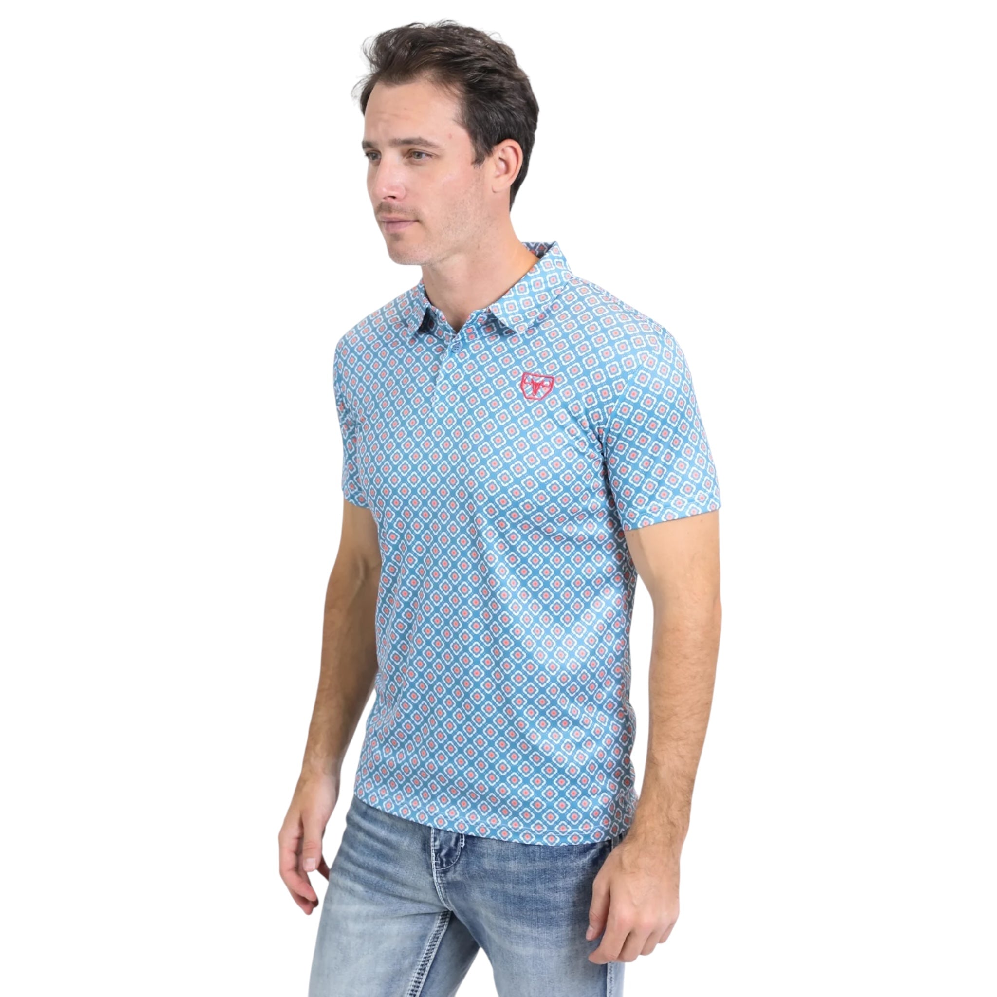 PLATINI MENS - SLIM FIT PERFORMANCE POLO AZTEC RHOMBUS - BLUE