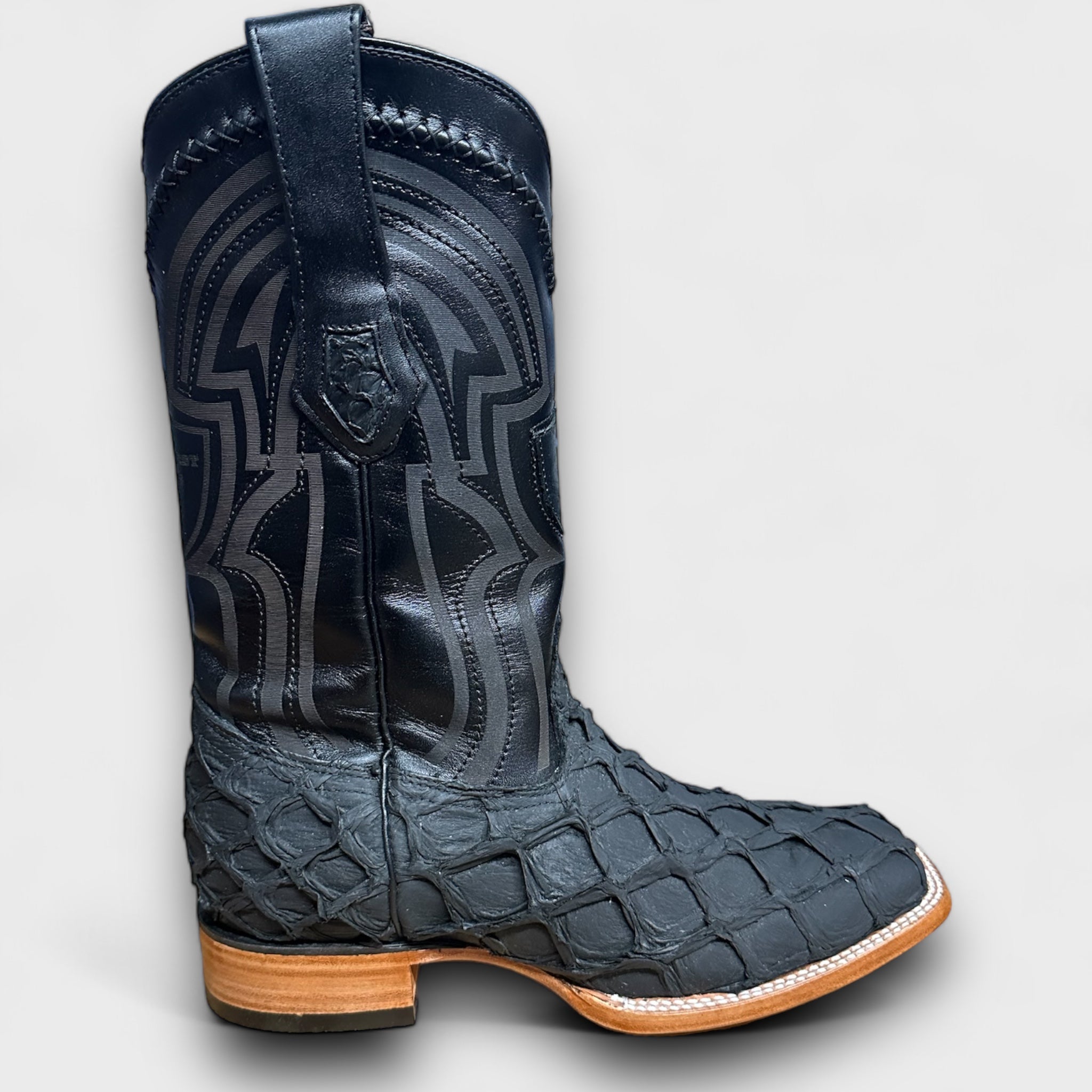 MN WILD WEST MATTE BLACK PIRARUCU FISH SQ. TOE BOOT