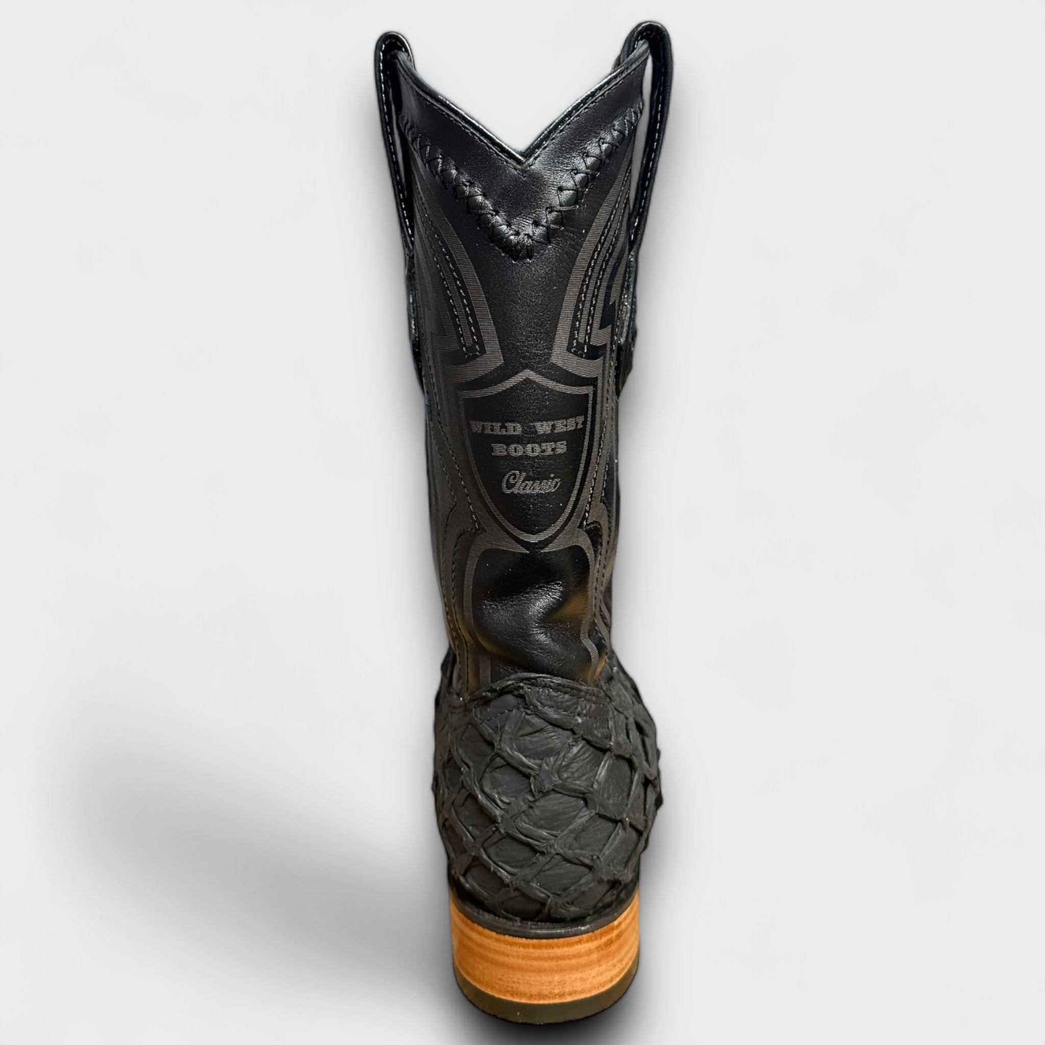 MN WILD WEST MATTE BLACK PIRARUCU FISH SQ. TOE BOOT