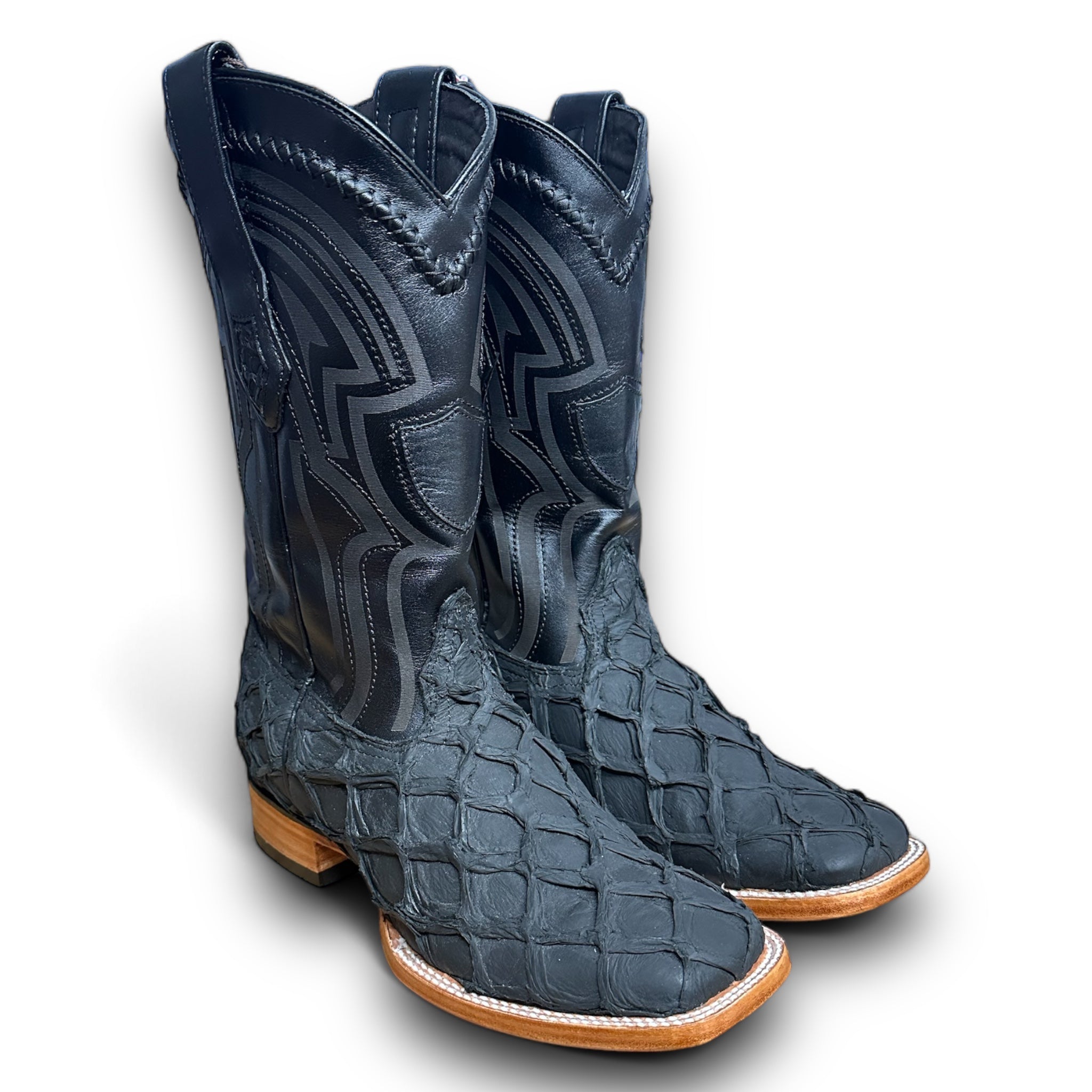 MN WILD WEST MATTE BLACK PIRARUCU FISH SQ. TOE BOOT