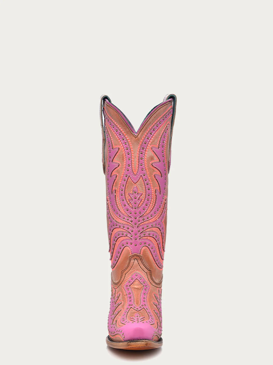 C3970 - WOMEN'S PINK FLUORESCENT EMBROIDERY AND STUDS SNIP TOE COWBOY BOOT