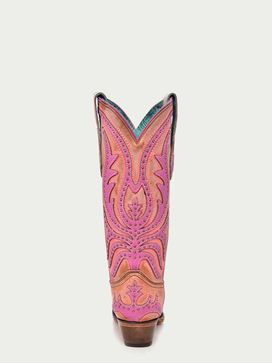 C3970 - WOMEN'S PINK FLUORESCENT EMBROIDERY AND STUDS SNIP TOE COWBOY BOOT