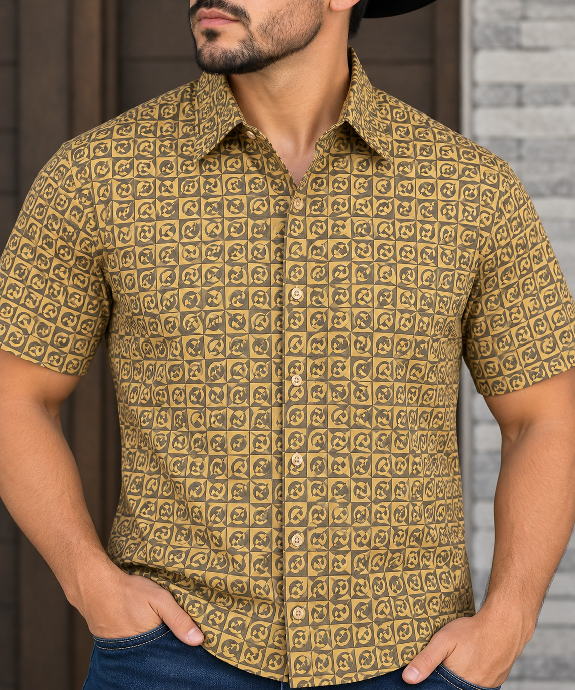 Chuxx Men’s Khaki Monogram Print Long Sleeve Shirt FLS-3414