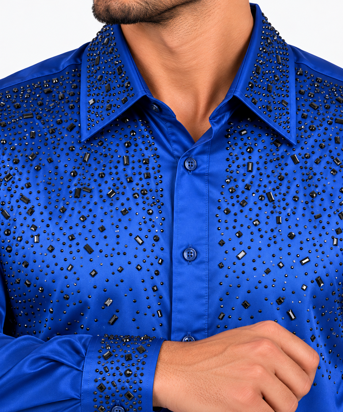 Chuxx Men’s Royal Blue Rhinestone Long Sleeve Shirt CHLS2123